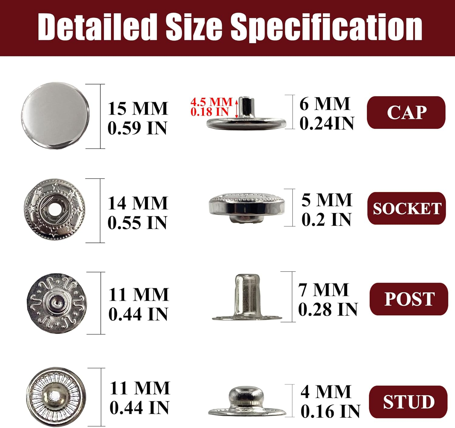 12 Sets Heavy Duty Leather Snap Fasteners Kit, 15Mm Metal Snap Buttons Kit Press Studs with 4 Install Tools, Leather Rivets and Snaps for Clothing, Leather, Jeans, Jackets, Bracelets, Bags (Silver) image number 5