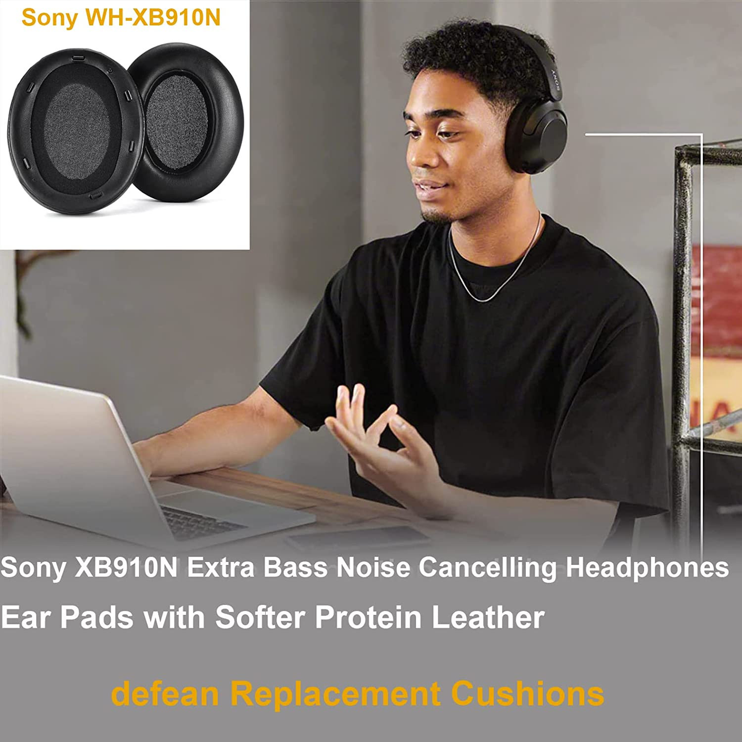 WHXB910N Earpads Cushions Replacement Compatible with Sony WH-XB910 XB910N Extra Bass Noise Cancelling Headphones, Ear Pads with Softer Protein Leather (Black) - Black Cooling Ge image number 2