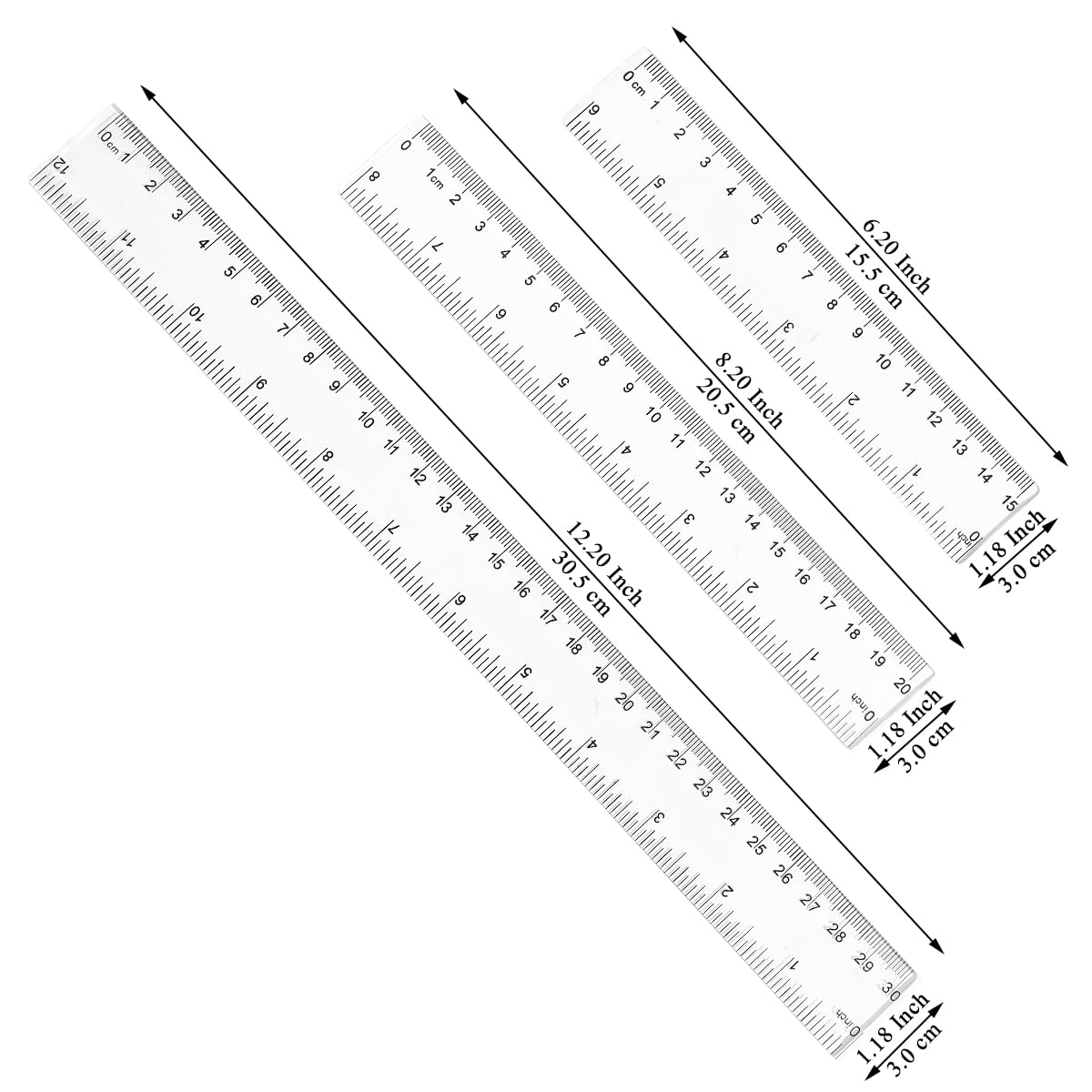 Berglander Clear Plastic Ruler Set of 3, Straight Edge, Drafting Tools, Straight Ruler for School Teaching, Office, Art Painting (Clear, 30CM, 20CM, 15CM) image number 2