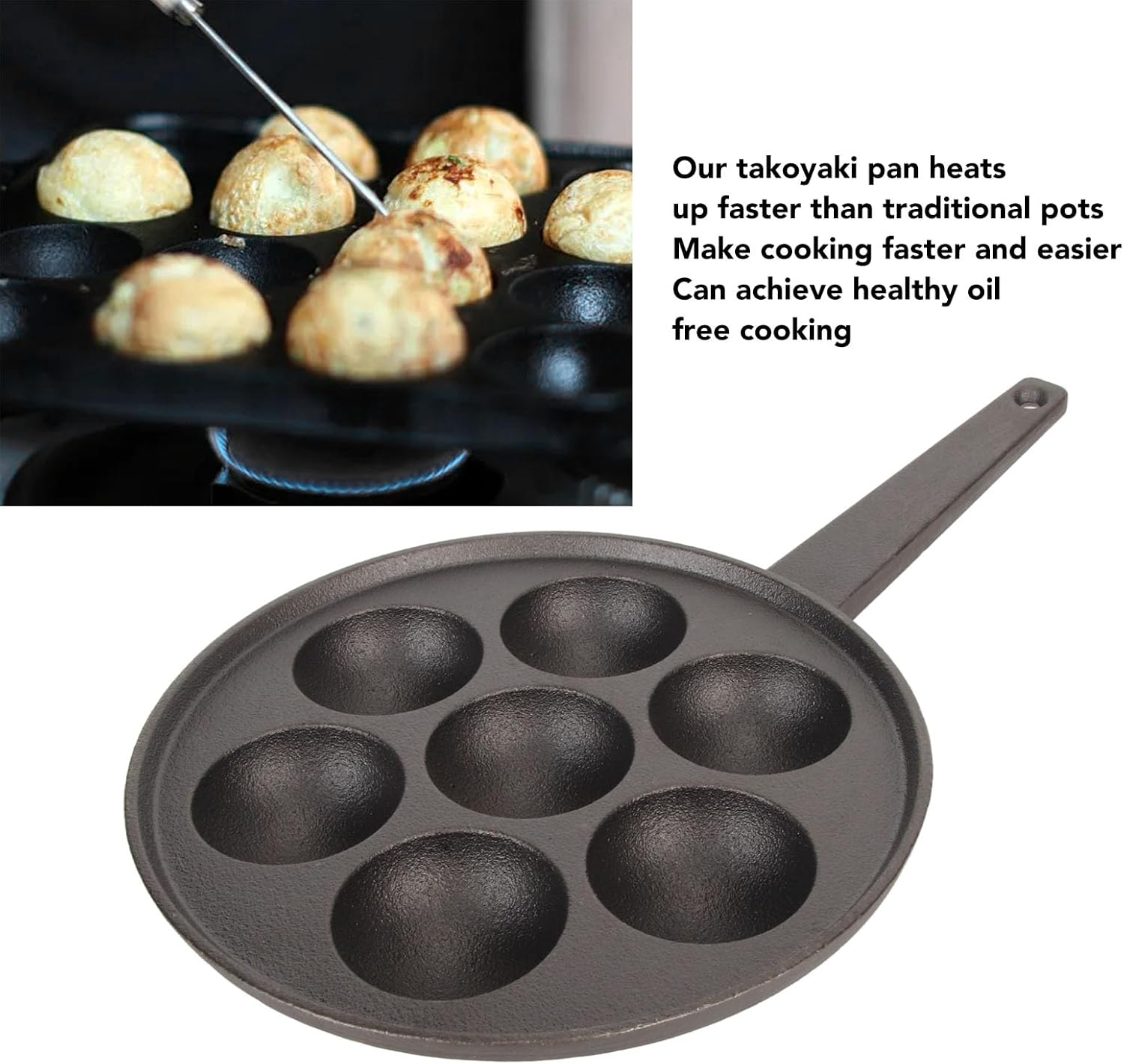 Deepened Cast Iron Takoyaki Grill Pan Nonstick 7 Holes Fast Heating for Family Breakfast image number 1