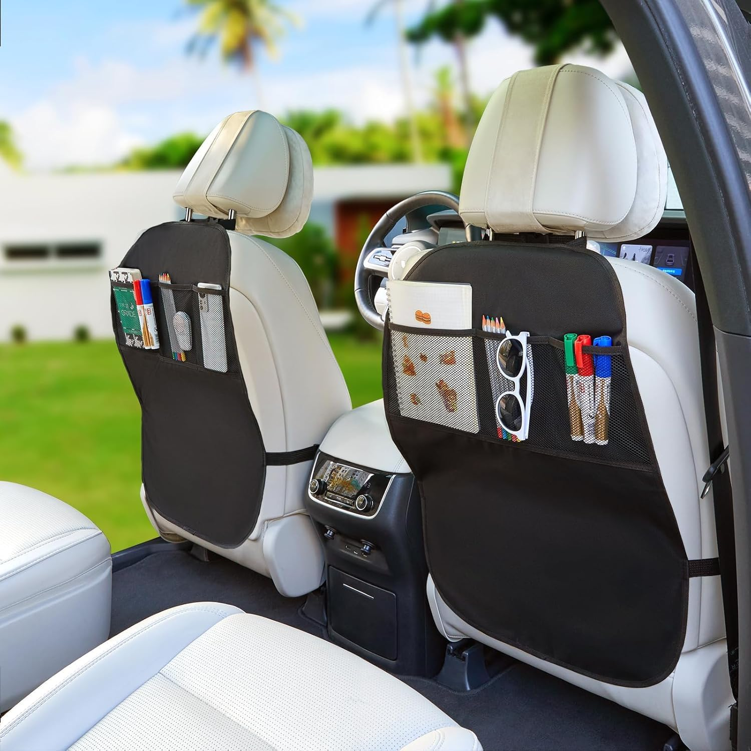 Kick Mats Back Seat Protector Cover for Kids-3 Pocket Storage Car Organiser, 2 Pack Car Seat Protector Backseat Cover Waterproof Sag Proof with 3 Storage Pockets, Keep Seat Back Clean and Neat image number 1