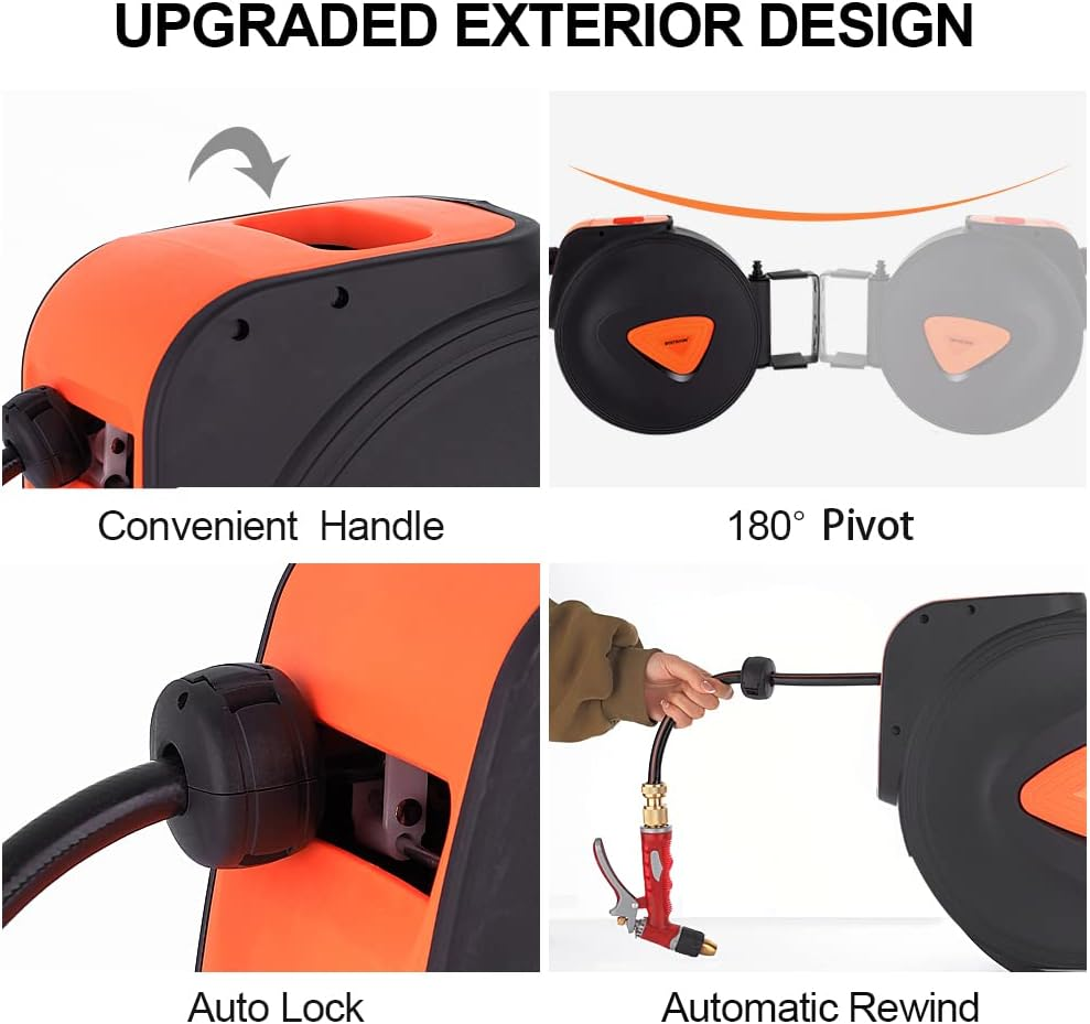 30M Retractable Garden Hose Reel, Heavy Duty Wall Mounted Water Hose Reel with High-Pressure Brass Spray Nozzle, Any Length Lock, Auto-Rewind, 180&deg; Swivel Bracket, for Watering and Cleaning image number 1