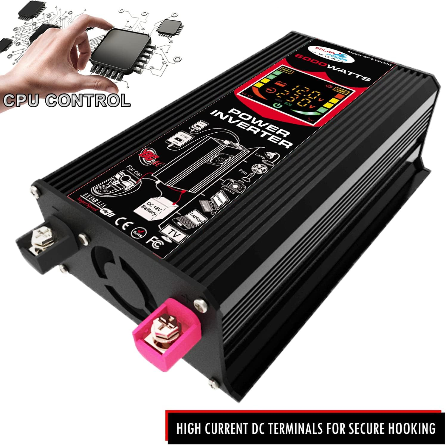 LAPOOH Modified Sine Wave Inverter High Frequency 6000W Power Watt Power Inverter DC 12V to AC 220V Converter Car Power Inverter with 2.1A Dual USB Port Battery Clips Car Cigarette Plug LCD Display image number 6