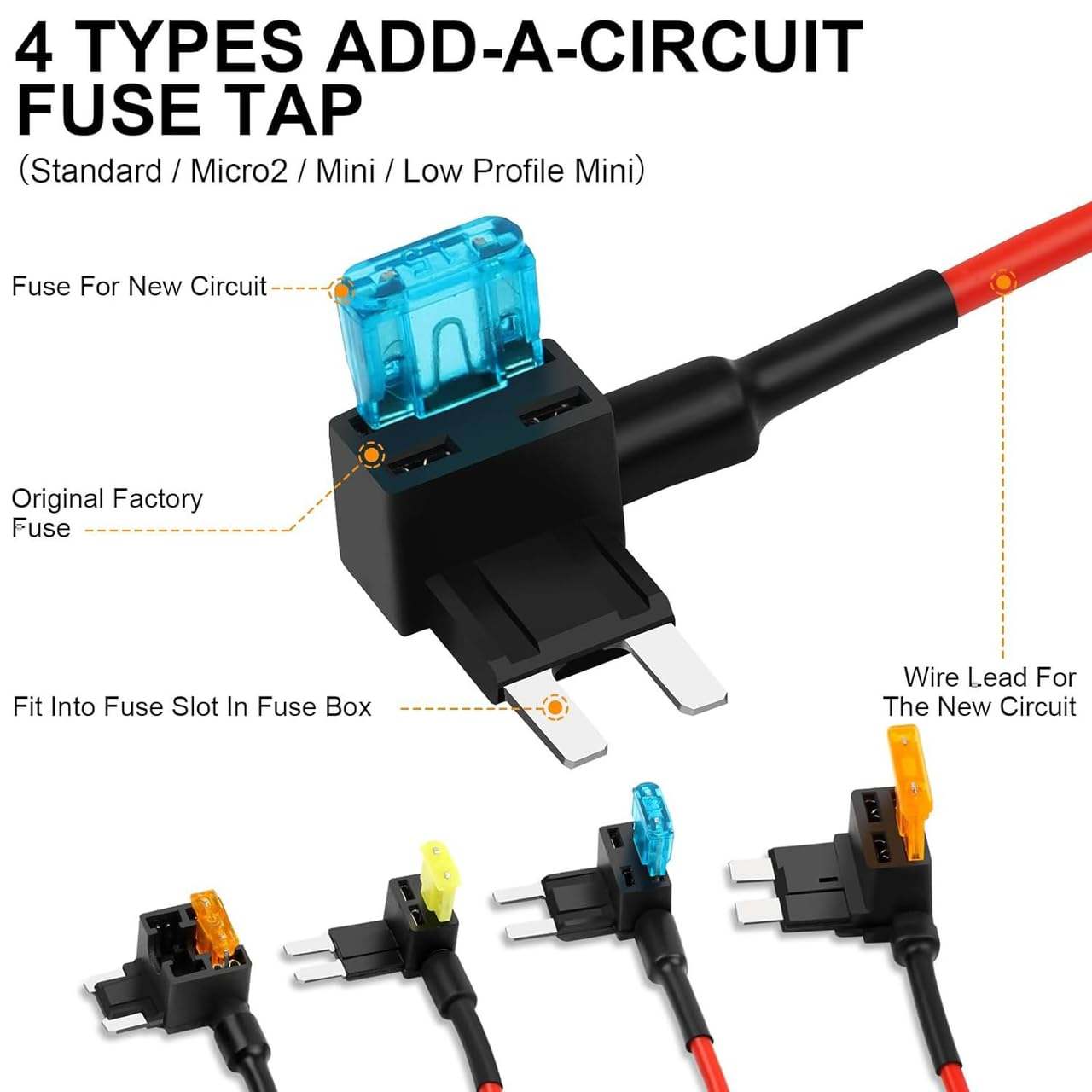 LUXINFODIO 16 Pack 4 Types, Upgraded 12V Car Add a Circuit Fuse Tap Kit - Standard Mini Micro2 and Low Profile Mini Fuse Taps, ATO ATC ATM APM Fuse Adapter Jumper for Cars Trucks Boats image number 4