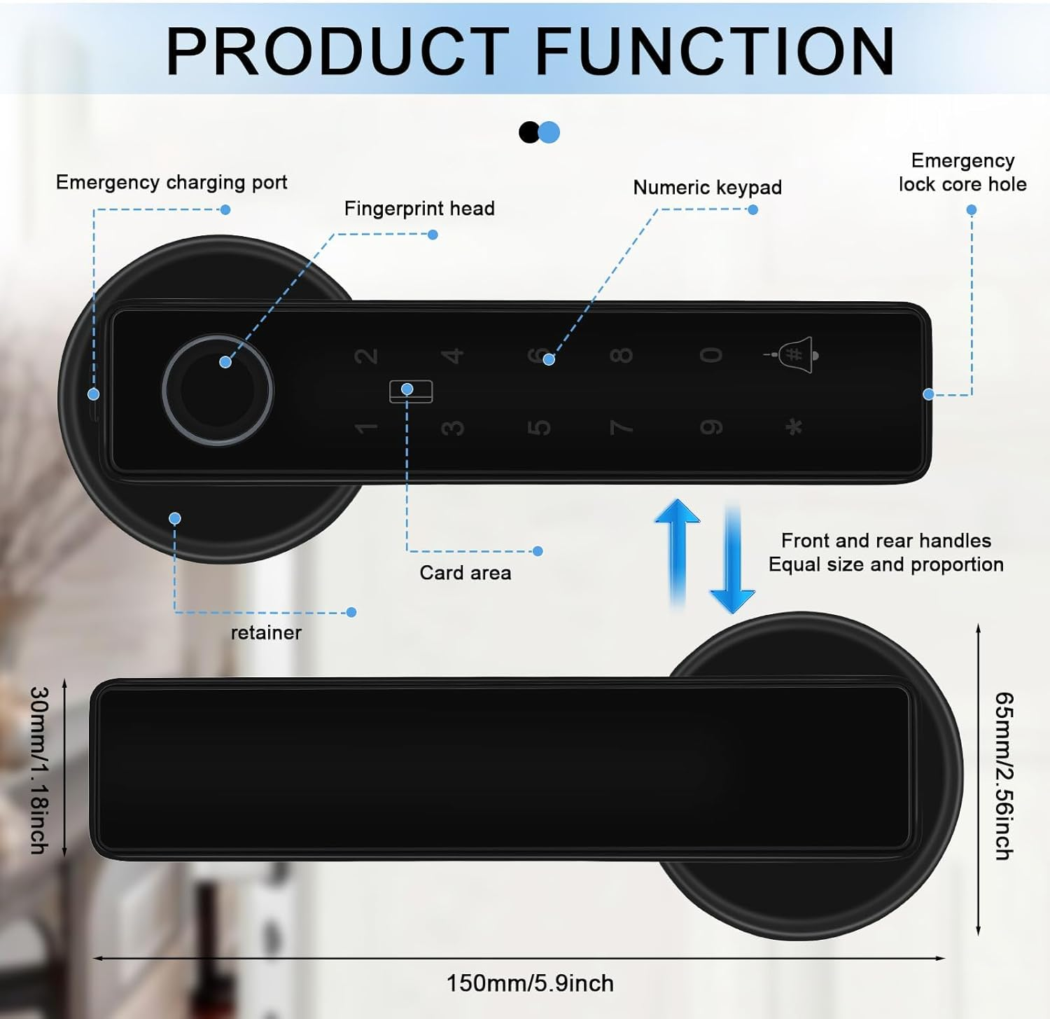 Smart Lock, Fingerprint Smart Door Lock Handle, 5-In-1 Electronic Digital Door Touch Lock, Left-Right Adjustable Door Handle for Front Door, Home, Office, Apartment (Black) image number 4