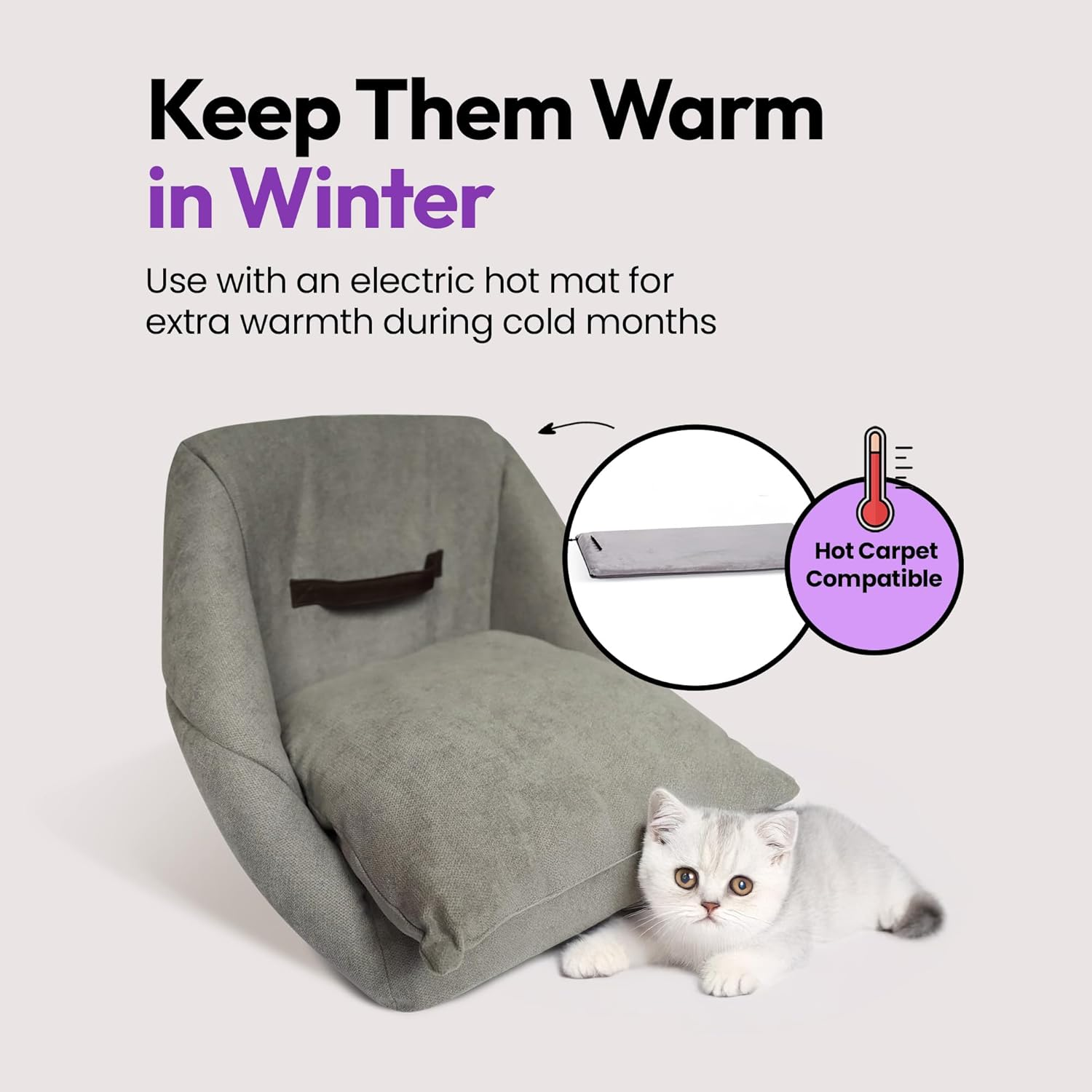 PURRZ Foldable Cat Cube Bed Cave with Leather Handle &ndash; Anti-Stain, Machine Washable Indoor Cat House &ndash; Soft Enclosed Cat Bed for Kittens & Adult Cats &ndash; Modern Grey Hideaway, Portable & Durable image number 2