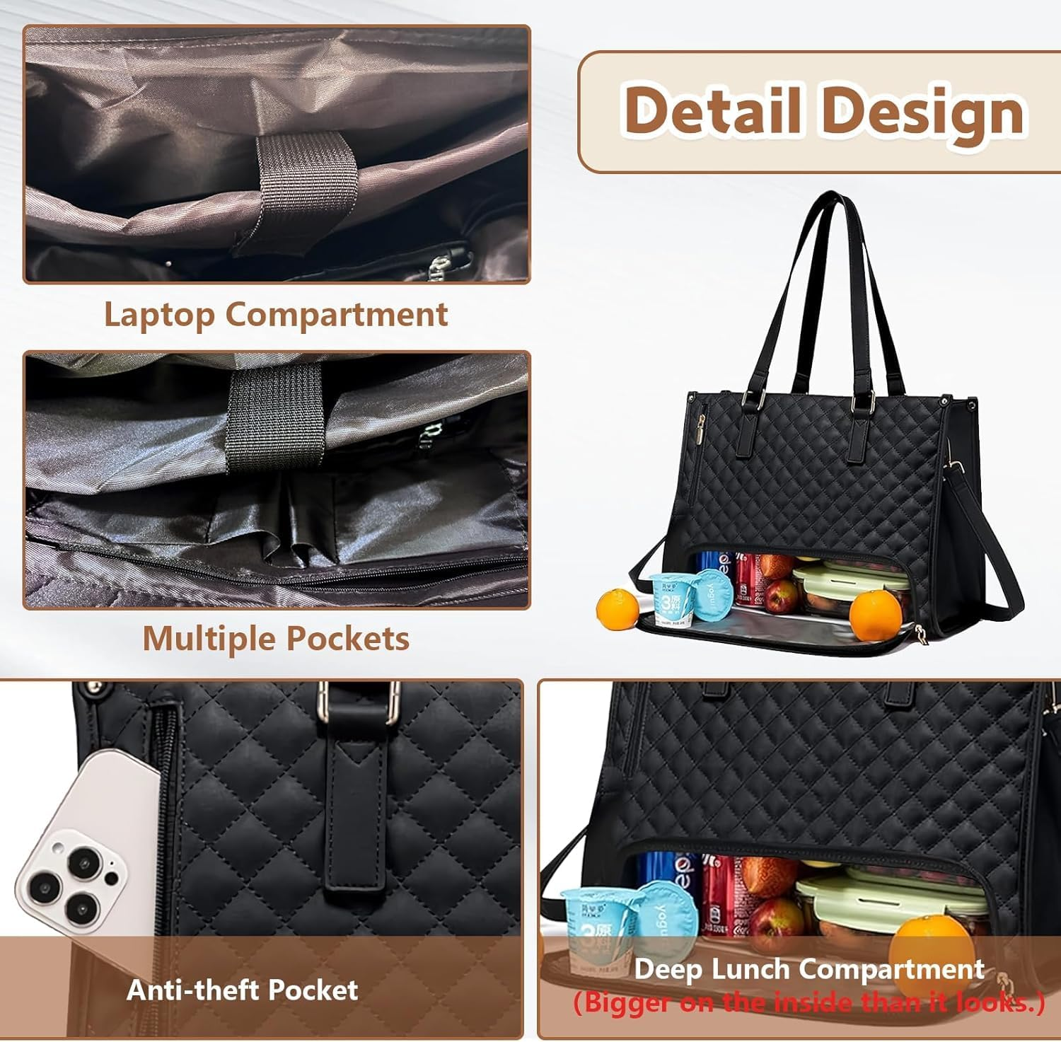 Laptop Tote Bag with Insulated Lunch Compartment for Women, PU Leather 15.6 Inch Work Bag, Elegant Computer Handbag, Versatile Business Tote for Office, Travel or Casual-Classic Black image number 3