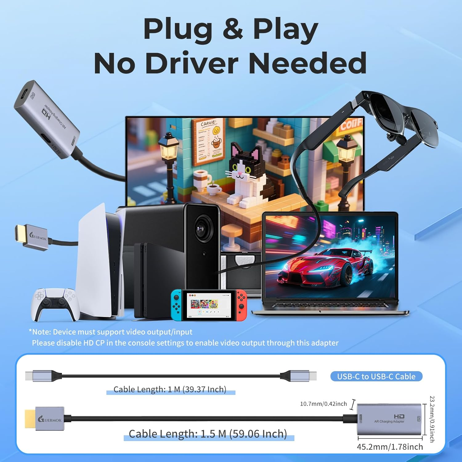 Guermok AR Glasses HDMI to USB-C Display Adapter, 4.9Ft 4K@60Hz Play and Charge XR Converter with DC 5V, for XREAL One/Air 2 Pro/Rayneo/Rokid, Steam, Switch 2/1, PS5/4, Portable Monitors, Silver image number 5