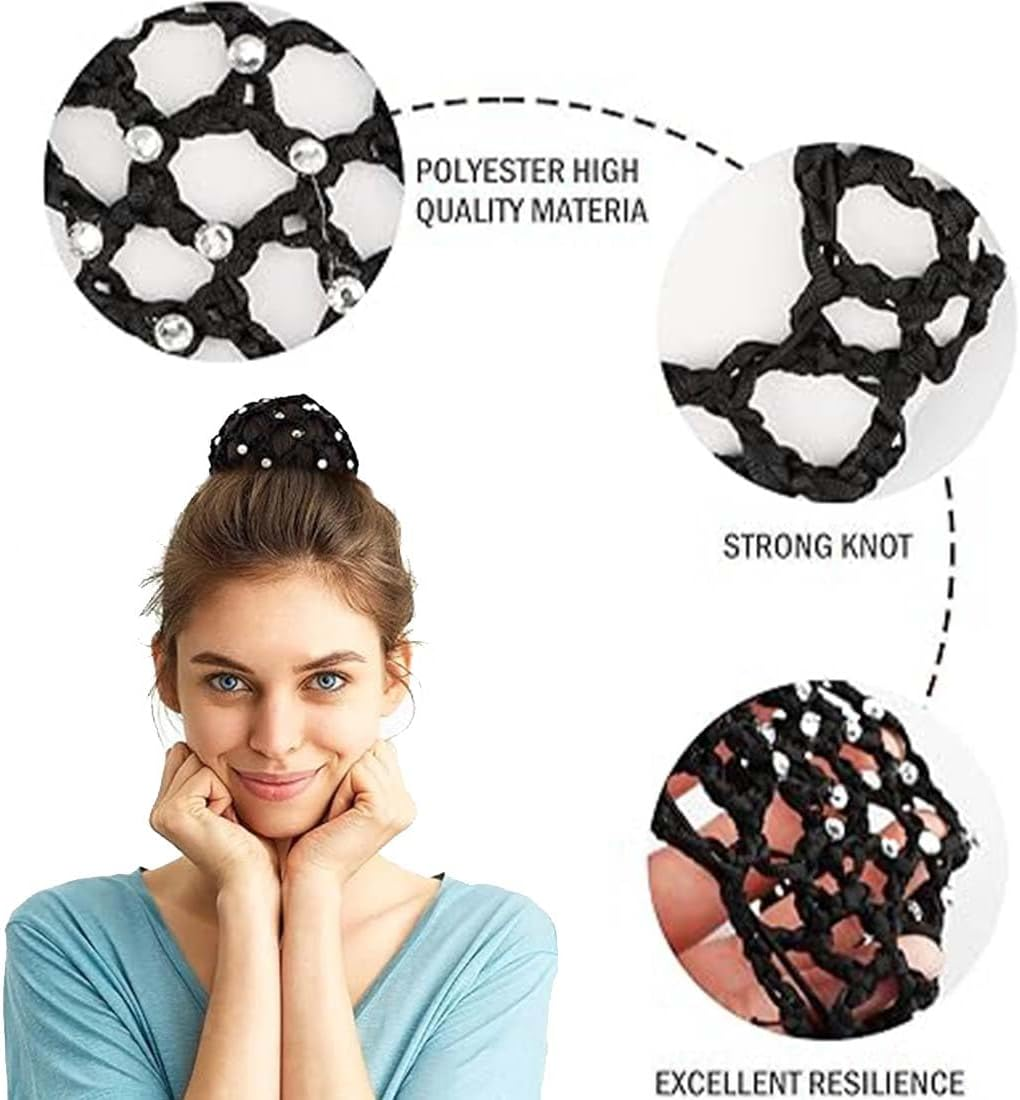 LAKJUOZ Pack of 4 Hair Nets Hairstyles, Bun Net Hair Net, Net for Hair, Hair Nets Hairstyles, Ballet Bun Net, Crystal Hair Net, Ballet Hair Net, Bun Ballet Girls, Bun Glitter, Bun Nets With image number 3
