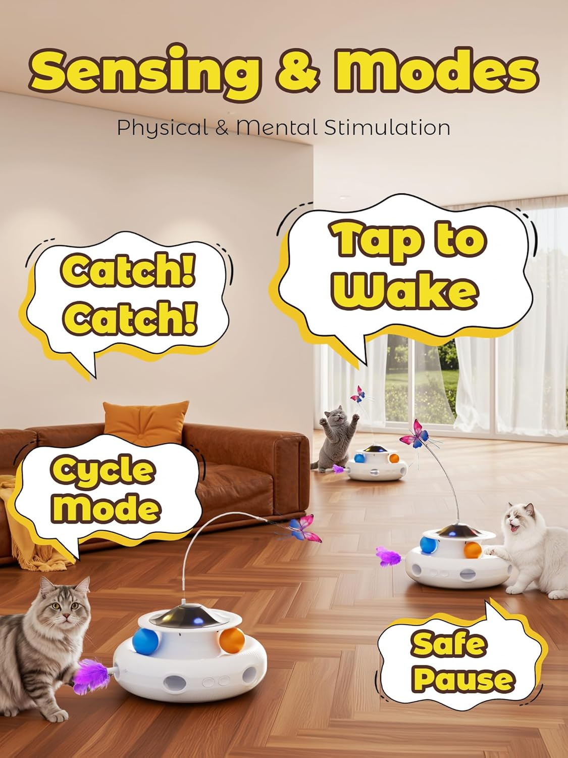 Interactive Cat Toys - 3In1 Automatic Cats Toy Indoor, Hide and Seek Kitten Toy with Track Balls, Fluttering Butterfly, Moving Ambush Feather & LED Lights,Rechargeable Hunting Exercise Kicker image number 5