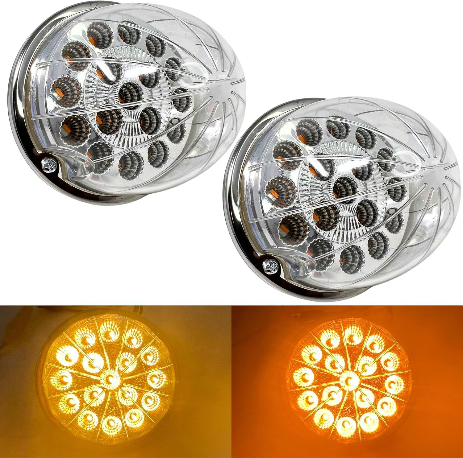 2PCS Dual Revolution White Reading Sport Marker to Red Auxiliary 17 LED Watermelon Lights Clear Lens & Stainless Steel Bezel Marker Lights for Freightliner Kenworth Peterbilt Trailer Heavy Trucks IP67