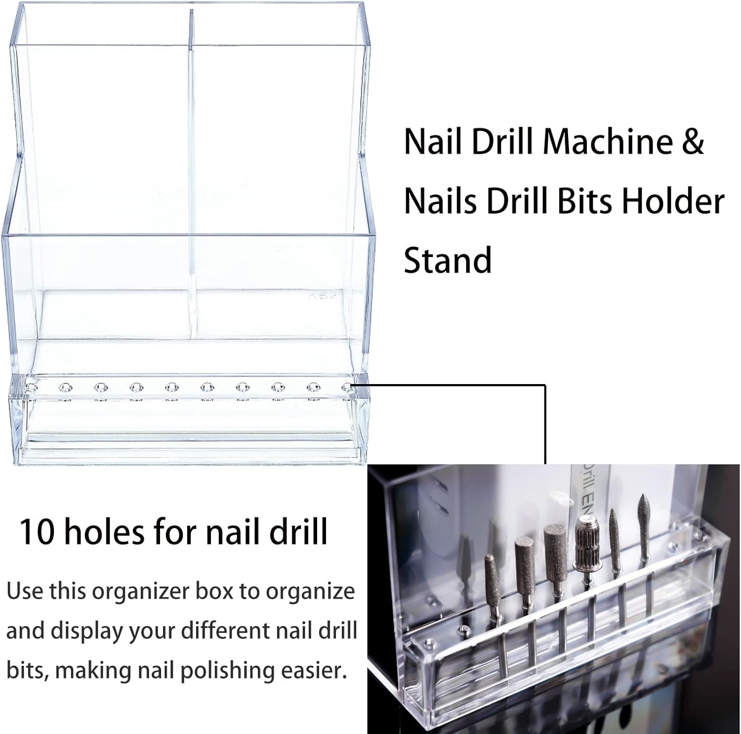 LXIANGN Nail Drill Machine & Bits Holder Storage Case,Transparent 10 Holes Nail Drill Grinding Bit Organizer Nails Manicure Tools Display Box for Nail Salon (Clear) - Pink image number 2