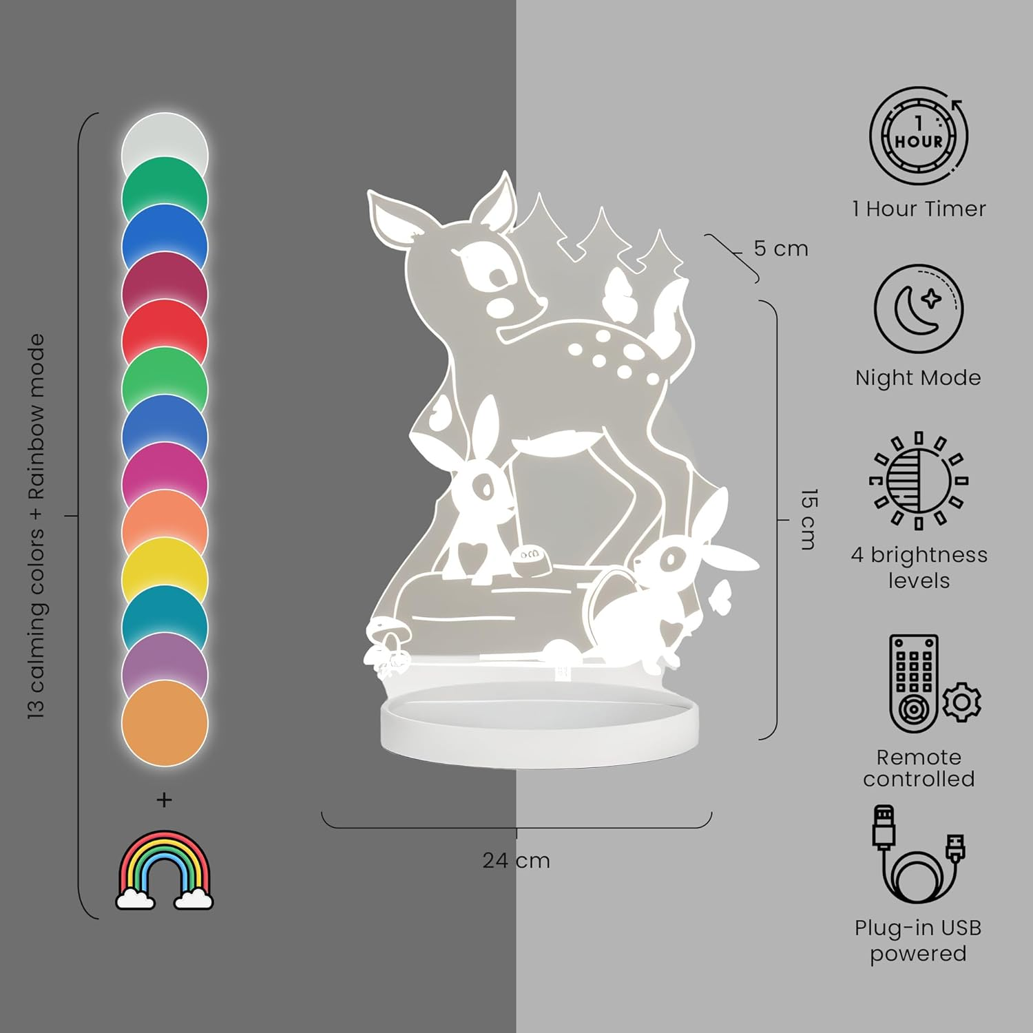 Duski Dream Night Light-Woodlands Plug-In Night Light for Kids | 13 Colour LED Lamp with Timer, Dimmer & Remote | USB Powered | Safe & Soothing Bedside Light for Baby, Toddler & Nursery image number 5