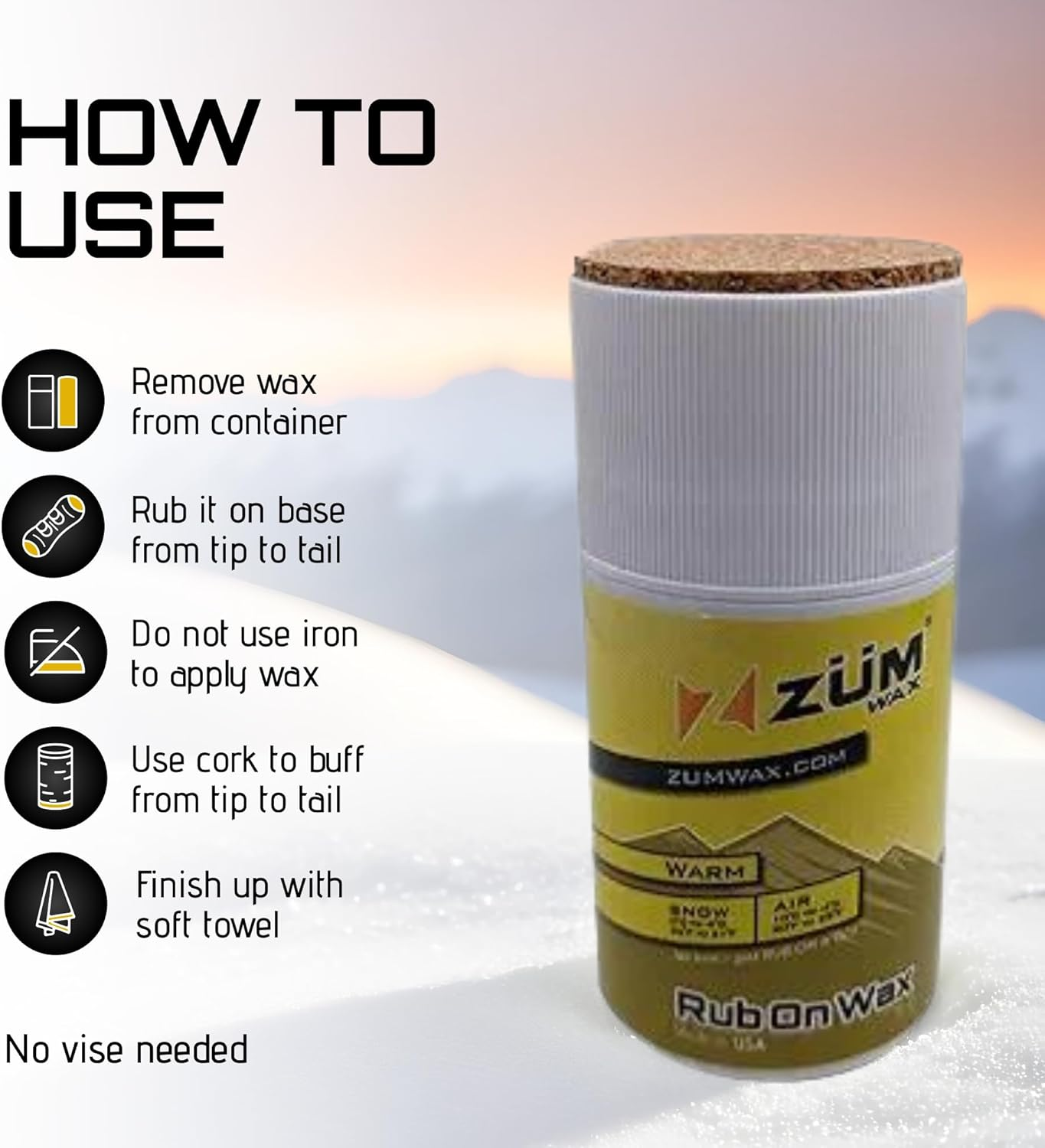 Zumwax Rub-On Ski/Snowboard/Nordic/Cross-Country Wax 70G, WARM Temperature, Easy Cork Applicator, Long-Lasting Performance, Secret Vanilla Scent, Made in USA, Pfas-Free, Excellent Spring Wax image number 6
