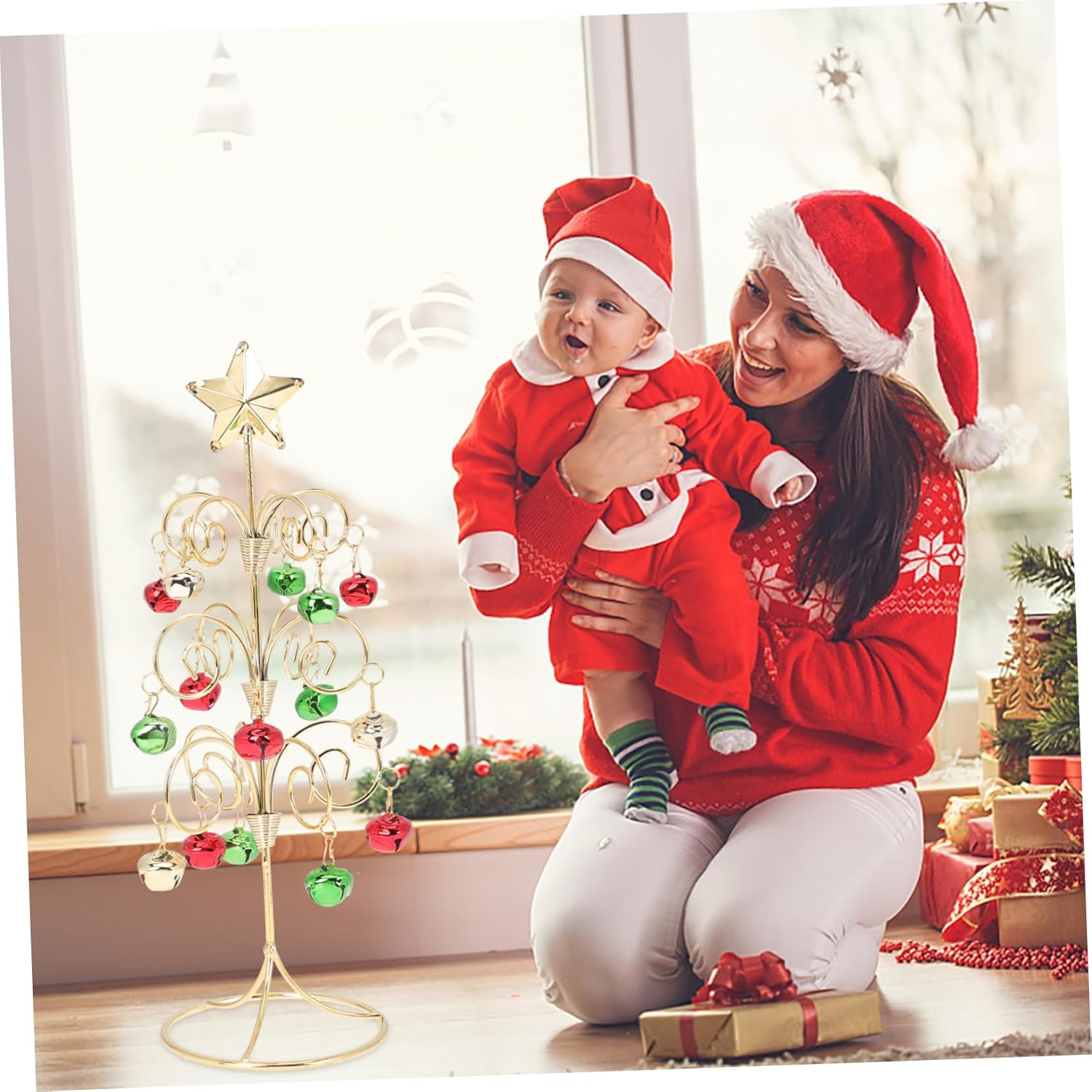 Iron Christmas Tree Decor Mini Xmas Tree Ornament Tabletop Decoration with Bell Festive Party Adornment for Home and Office Seasonal Holiday Display image number 4