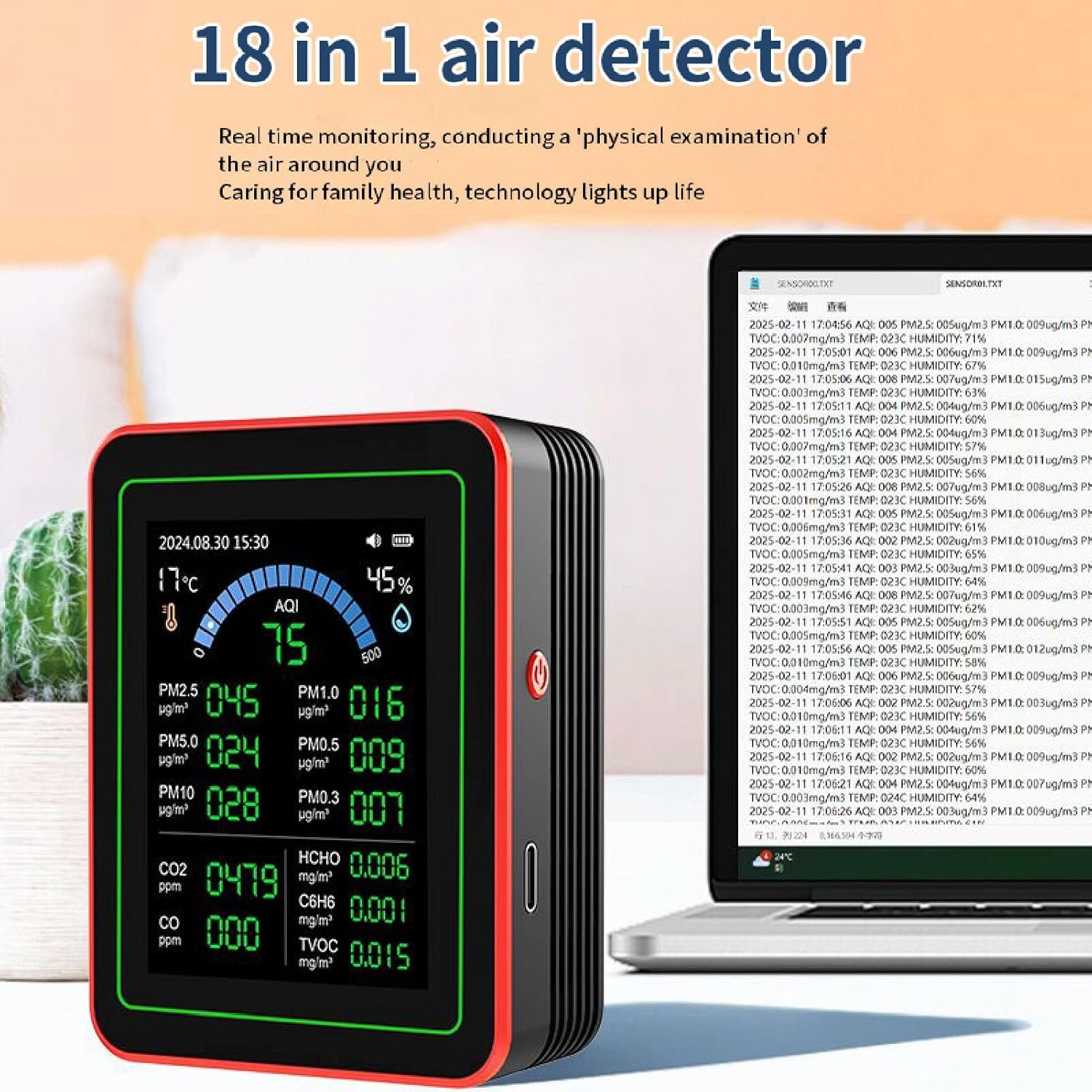 Air Quality Tester, CO2 TVOC HCHO PM2.5 Temp Humidity Detect, Indoor Data Storage Black, Data Curve Display, Runs up to 7 Hours​ image number 1