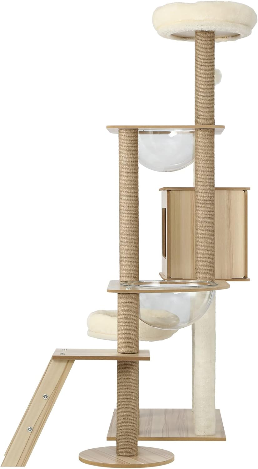 ALOPET Cat Tree with Ladder, 142Cm Cat Tower W/Sisal-Wrapped Scratching Posts, Hanging Activity Ball, Acrylic Bowl, Multi-Level Platforms Cats Condo House Bed for Indoor Cats Kitten Playing, Wood image number 6