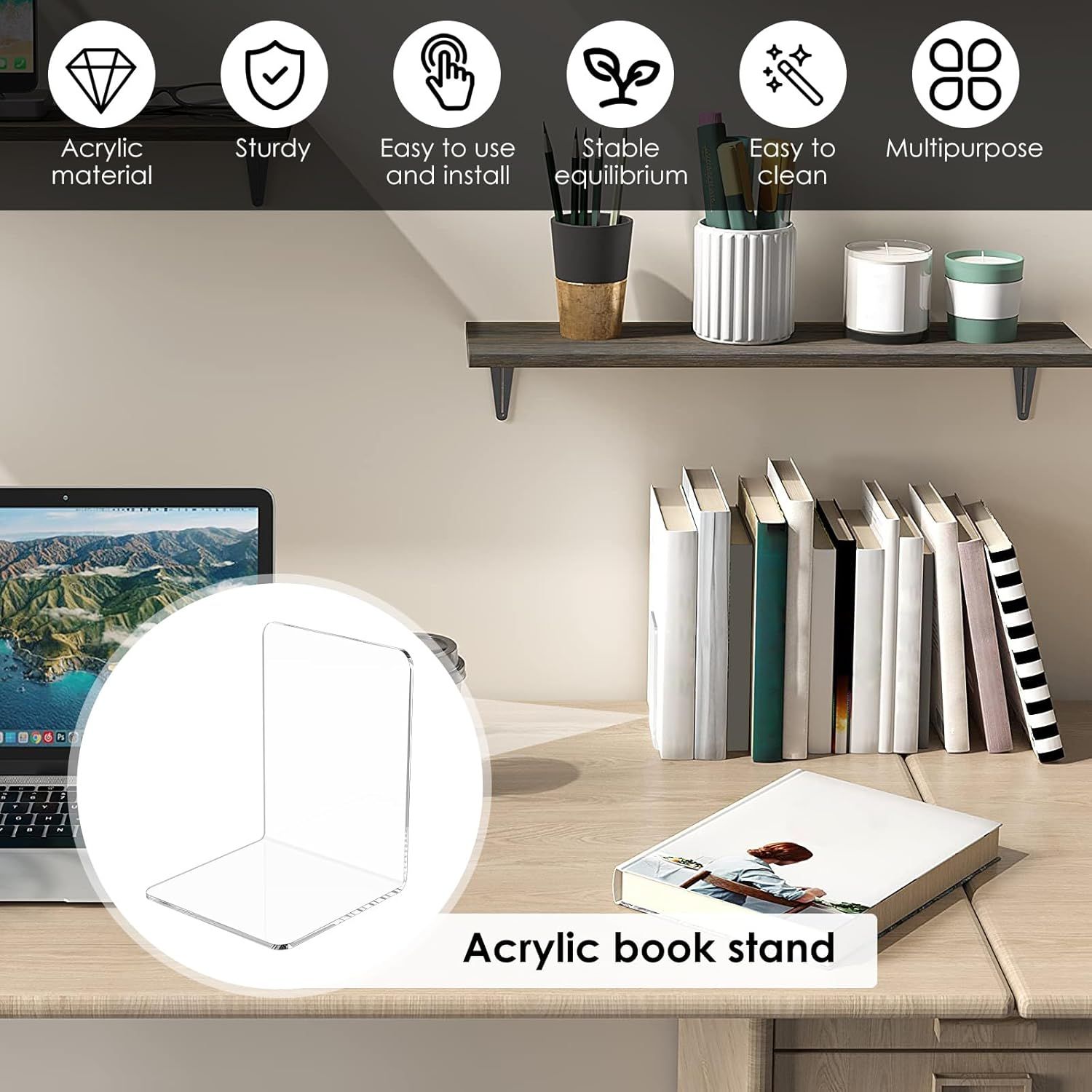 20Pcs Clear Acrylic Bookends L-Shaped Book Ends Organizer Bookshelf Decor for Bedroom Library Office School (Clear, 20Pcs) image number 6