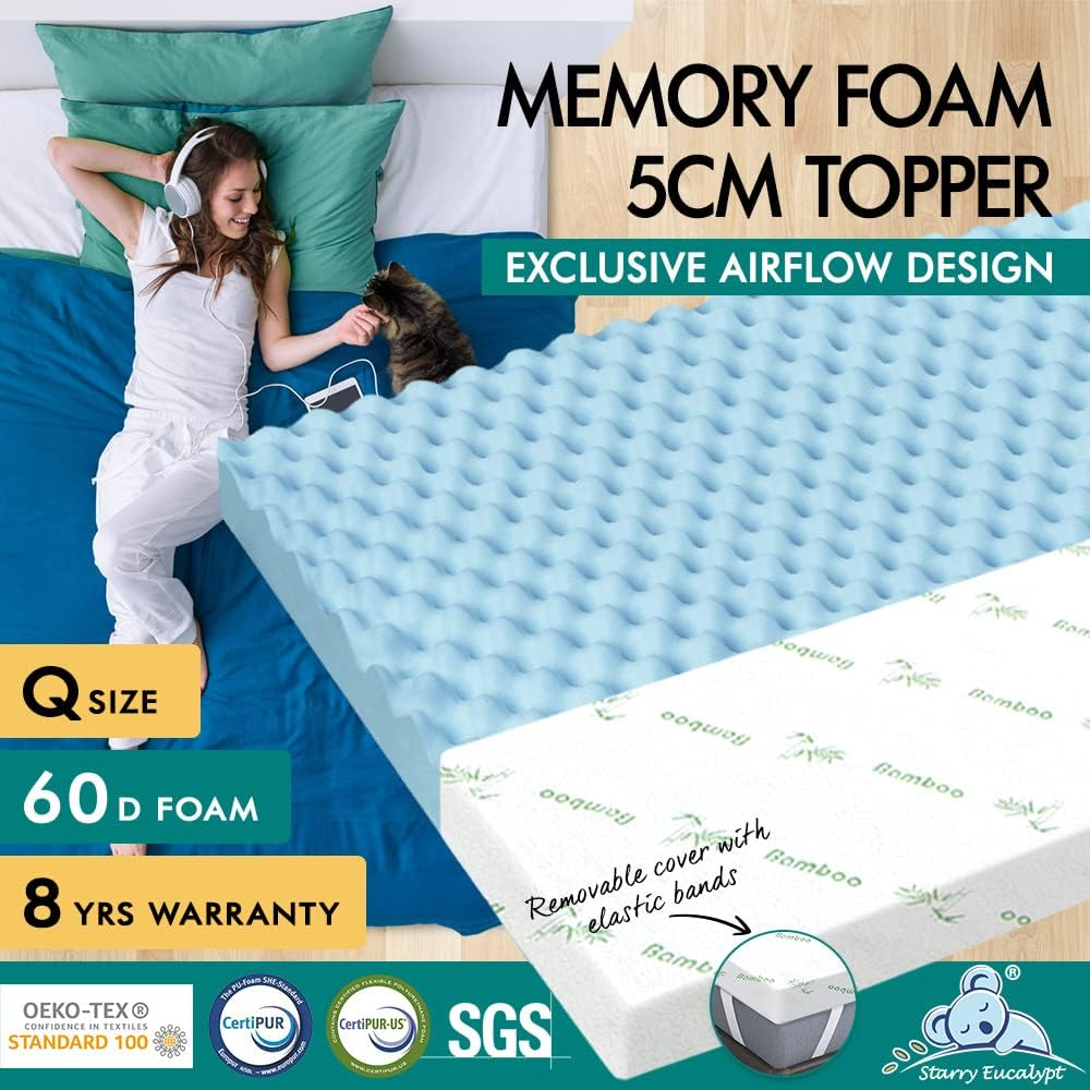 STARRY EUCALYPT Queen Size Memory Foam Mattress Topper with Cool Gel Infused, 60D Foam 5Cm Thick Bed Topper with Bamboo Fabric Cover Beddings, Airflow Bedding Floor Mat Pad image number 5