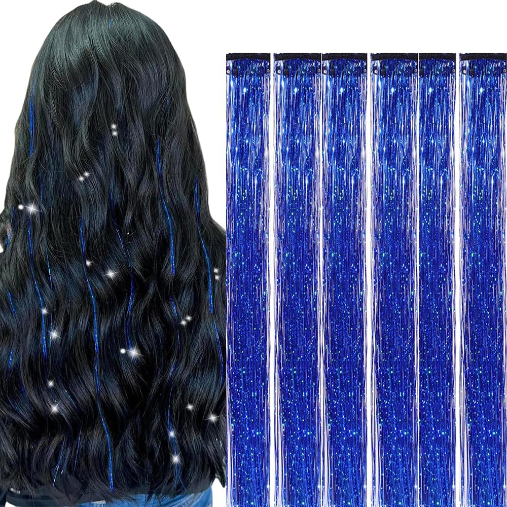Hair Tinsel Blue 1200 Strands 48 Inches Sparkling Tinsel Hair Extensions, Fairy Hair Tinsel for Birthday Halloween Christmas New Year Party