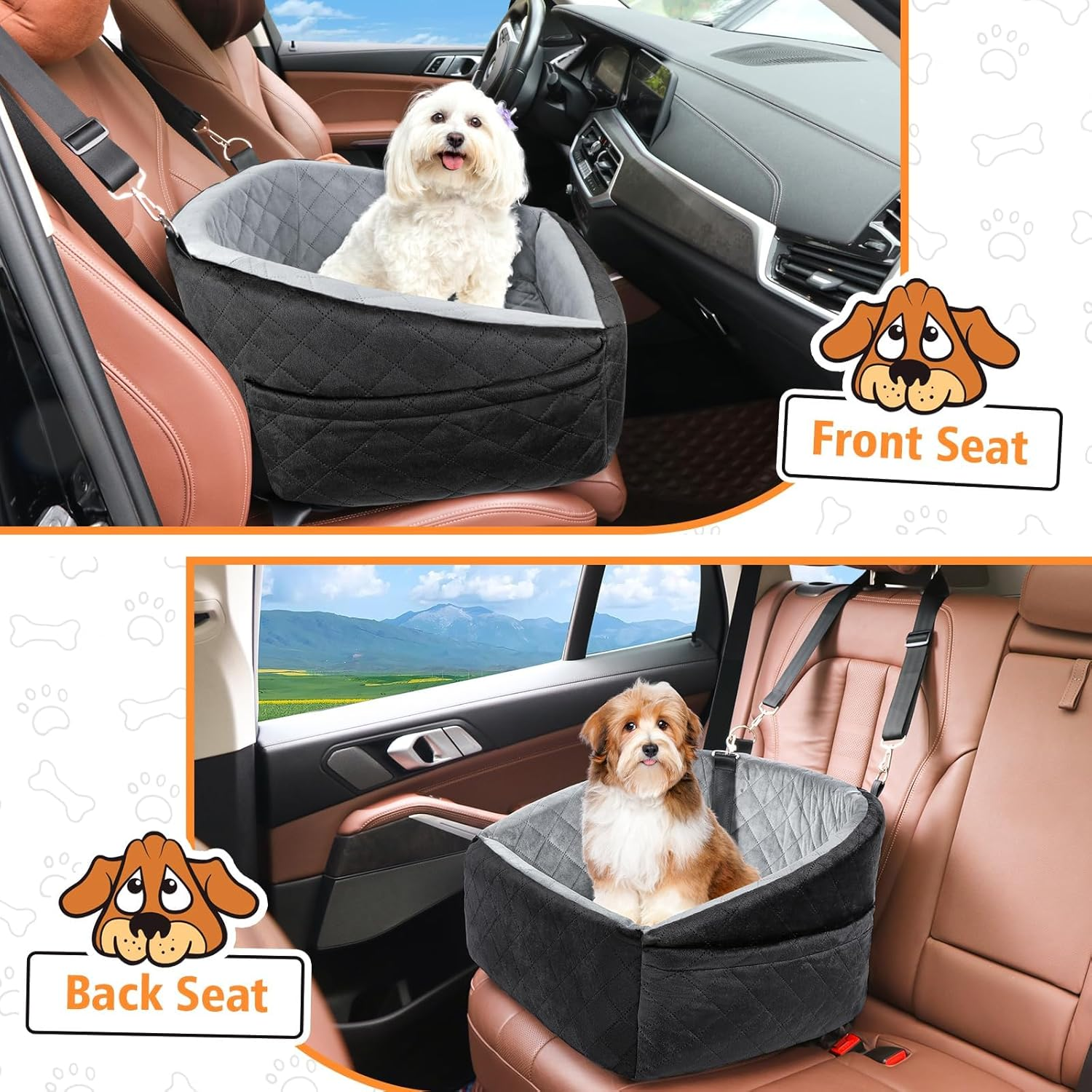 Dog Car Seat for Small Dogs,Detachable Washable Dog Booster Seat under 30Lbs, Pet Car Seat Travel Bed with Storage Pockets and Dog Safety Belt (Black&Gray, Small) image number 2