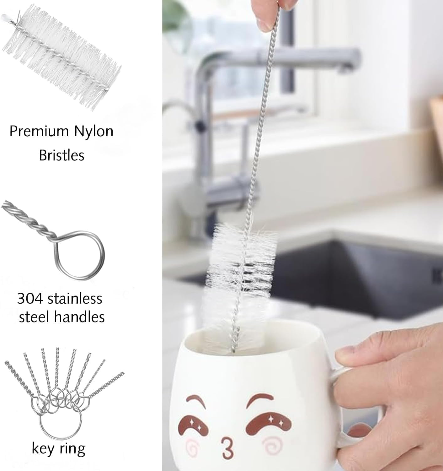 8 Pieces Small Bottle Brushes, Nylon Straw Cleaning Brush Set for Washing Narrow Neck Water Bottles, Glasses, Teapot Pourers (White) image number 5
