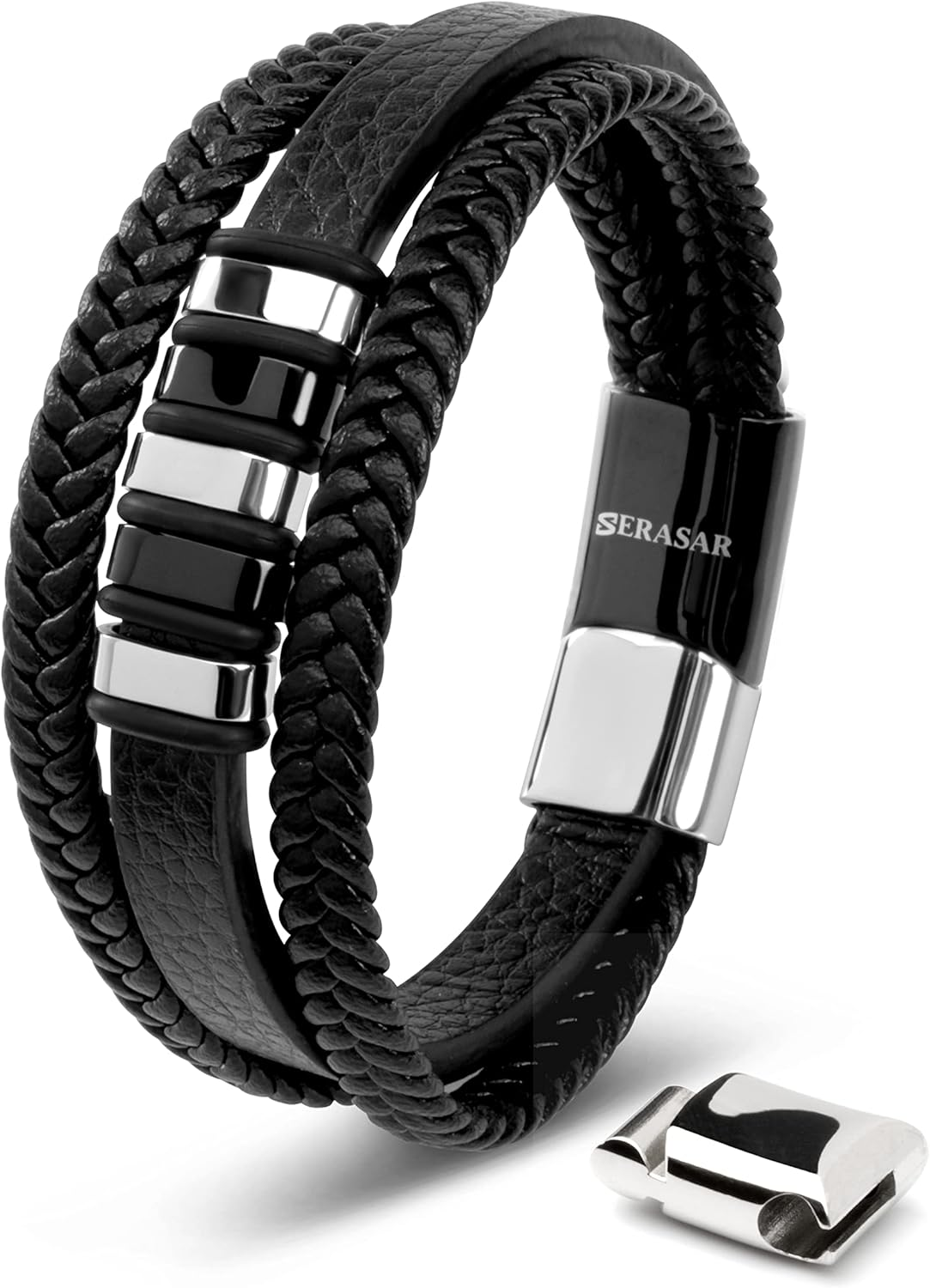 SERASAR | Premium Genuine Leather Bracelet [Glory] for Men in Black | Magnetic Stainless Steel Clasp in Silver and Gold | Exclusive Jewellery Box | Great Gift Idea