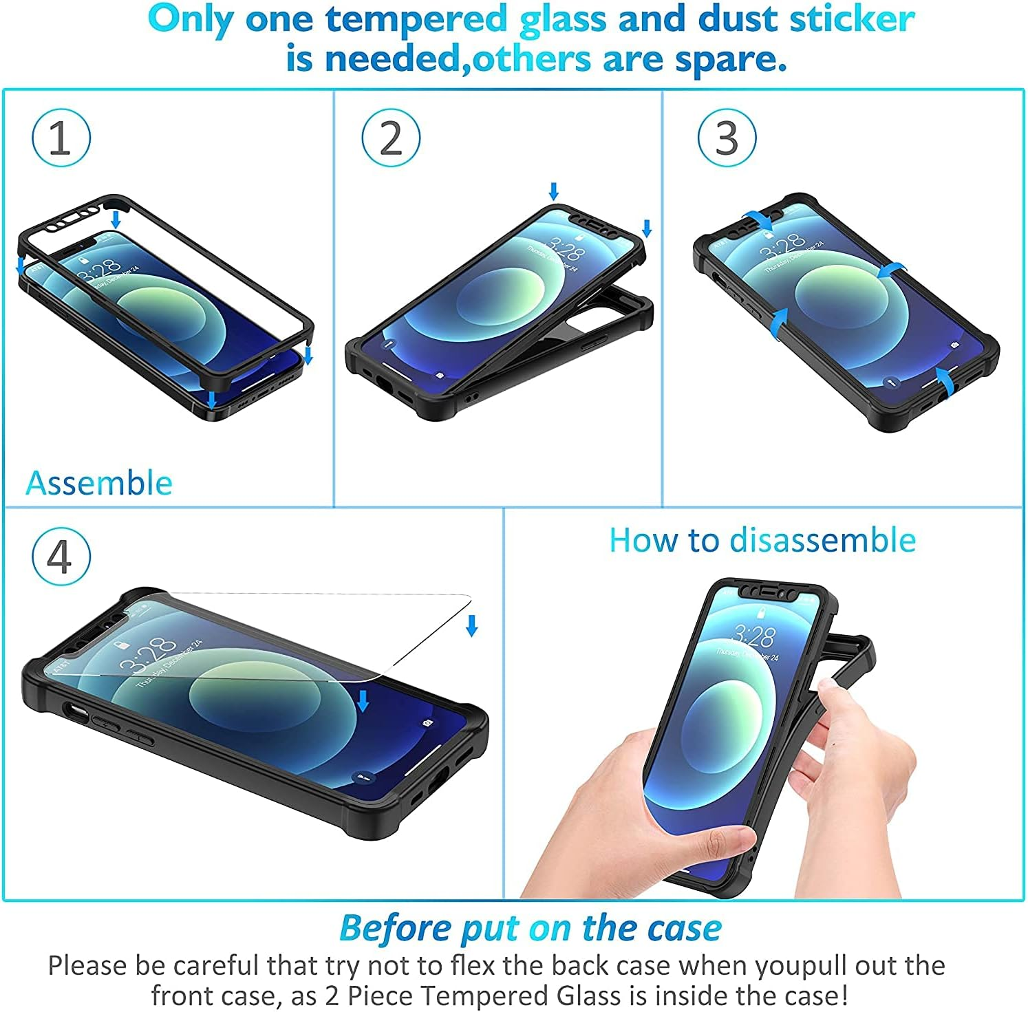ORETECH Compatible with Iphone 12 Mini Case with [2 X Tempered Glass Screen Protector] 360&deg;Full Body Protection Hard PC TPU Slim Case for Iphone 12 Mini Case 5.4" - Black image number 1