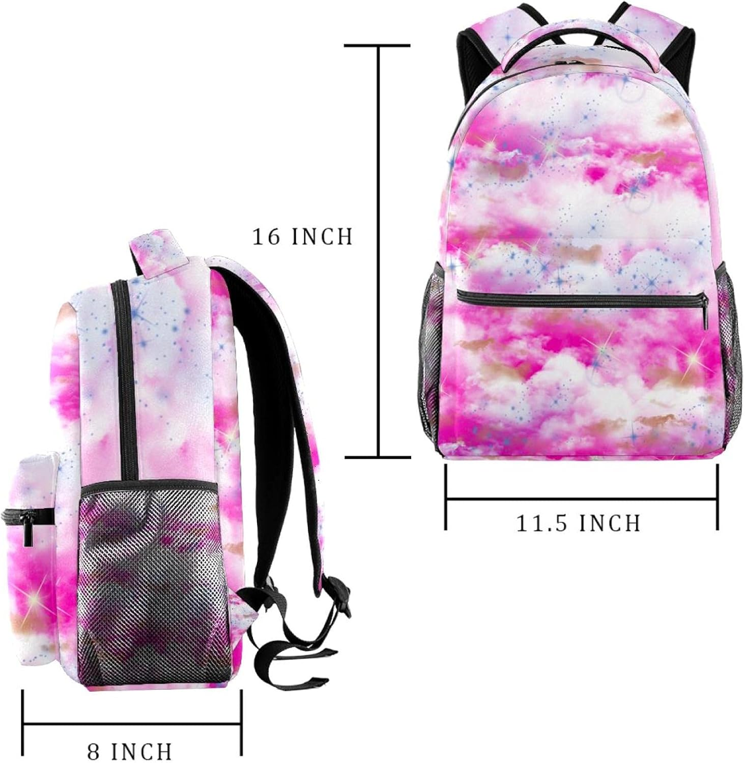 Illustration Pink Sky Twirls White-Blue Clouds Space Design Stars Psychedelic Backpack Students Shoulder Bags Travel Bag College School Tote Backpacks