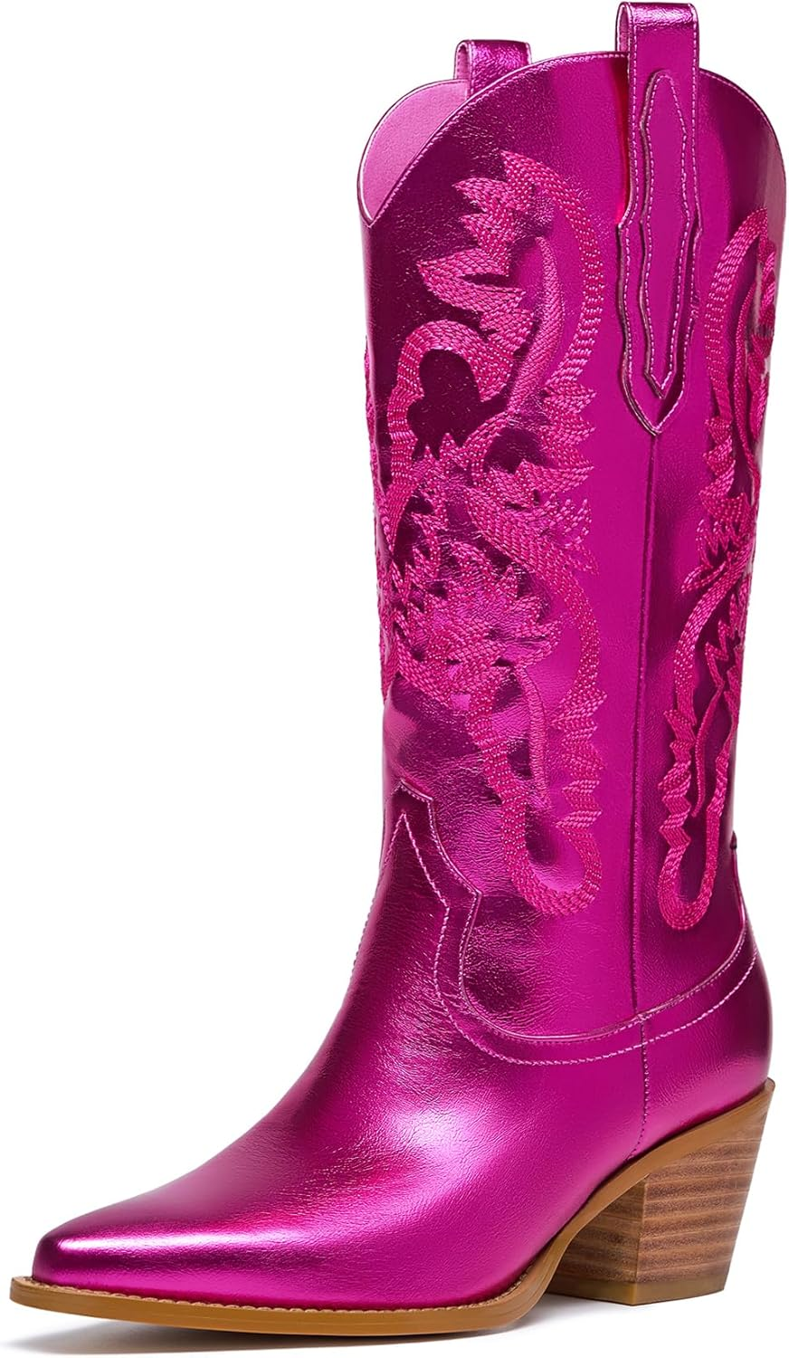 Driceic Glitter Wide Calf Metallic Embroidered Cowboy Boots for Women Sparkly Mid Calf Chunky Heel Pull on Pointy Toe Western Cowgirl Boots Fashion Vintage Short Booteis for Girl