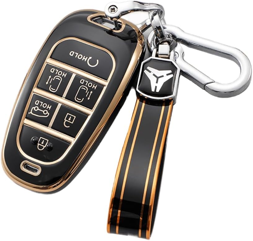 Ontto Car Key Fob Cover Fit for Hyundai Santa Fe Tucson 2022 Nexo NX4 Atos Solaris Prime 2021 Key Case TPU Remote Key Shell Holder Bag Keychain Keyring Protector Accessories 6 Buttons Black