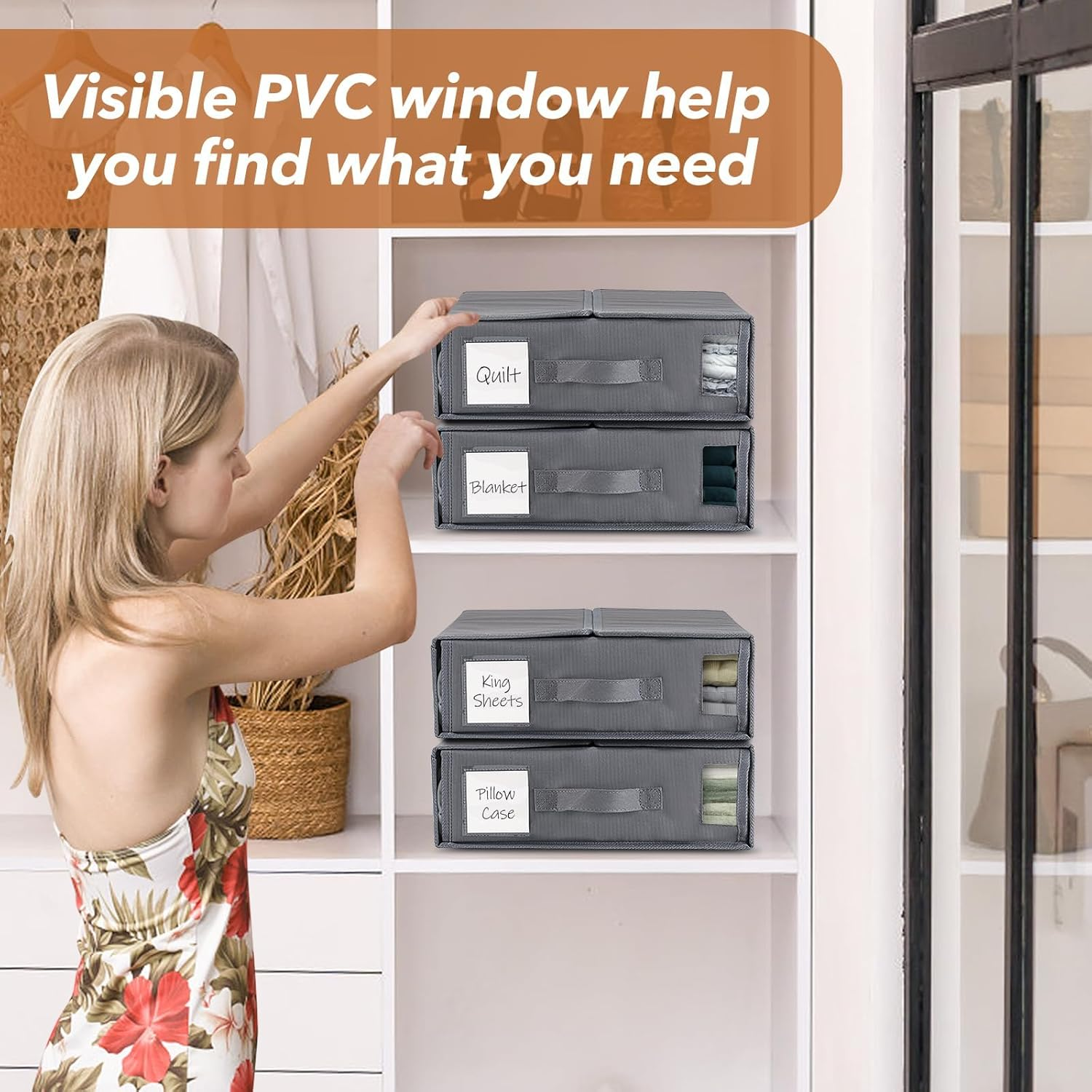 BDZBREN Bed Sheet Organizer and Storage 4 Pack (Queen or King Size), Linen Closet Organizer, Foldable Bedding Container for Duvet Cover Set, Clothes, Blankets and Pillow Cases, Dark Gray (Grey) image number 1