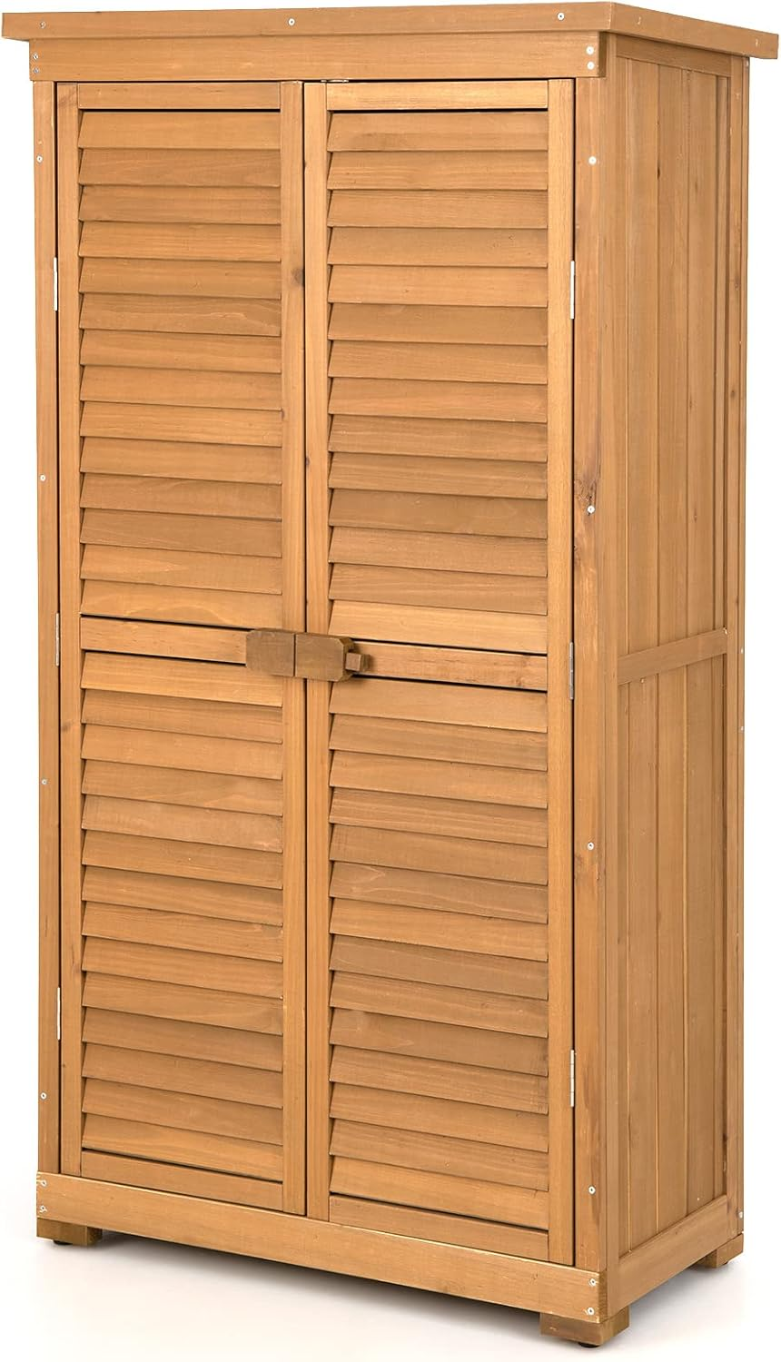 Costway 1.6M Outdoor Wooden Storage Shed, Solid Wood Garden Tool Cabinet W/ 3 Removable Shelves, Weatherproof Asphalt Roof, Adjustable Footpads, Latch, Outdoor Vertical Organizer for Garden Porch Deck image number 4