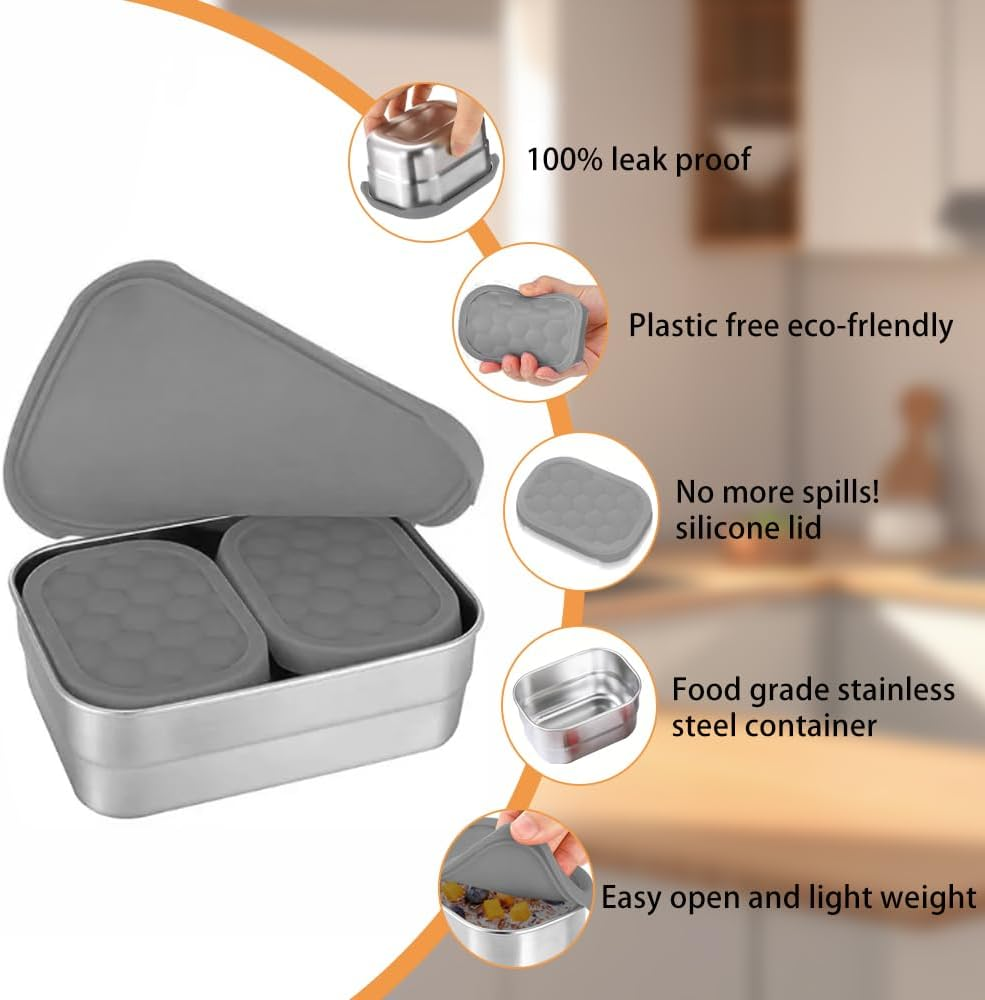 3Pack 304 Stainless Steel Lunch Box,Leak Proof Snack Containers with Silicone Lids,Steel Bento Box for School and Daycare,Food Containers for Snacks, Sandwiches, Fruits, Vegetables(25Oz+8Oz*2) image number 6