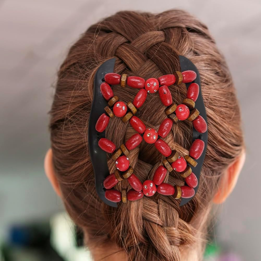 Umibow 4 Pcs Stretchy Magic Hair Combs for Women Double Comb Hair Clip Elastic Wood Beaded Hair Bun Maker Magic Hair Side Combs for Curly Thick Wavy Hair image number 2