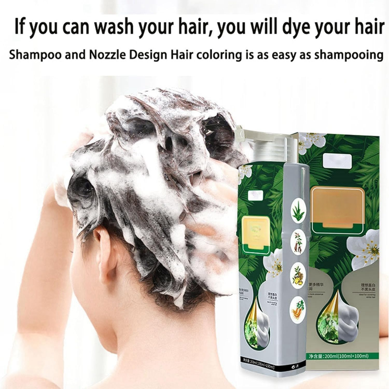 Natural Plant Hair Dye,Pure Plant Extract Bubble Hair Dye 200Ml,Hair Dye Shampoo for Gray Coverage Hair Color Shampoo for Women & Men Instant Herbal Natural Plant Hair Dye Shampoo (Natural Black, L) image number 2