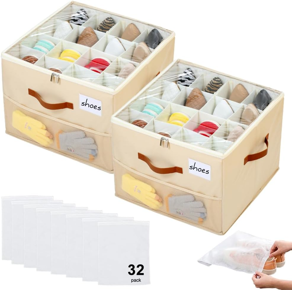 Shoe Storage Box with 16 Bags, TINY SPARK Foldable & Adjustable Organiser with Clear Cover and Leather Handles, Fits 8-16 Pairs, Beige, 43&times;43&times;31Cm (16.9&times;16.9&times;12.2In)