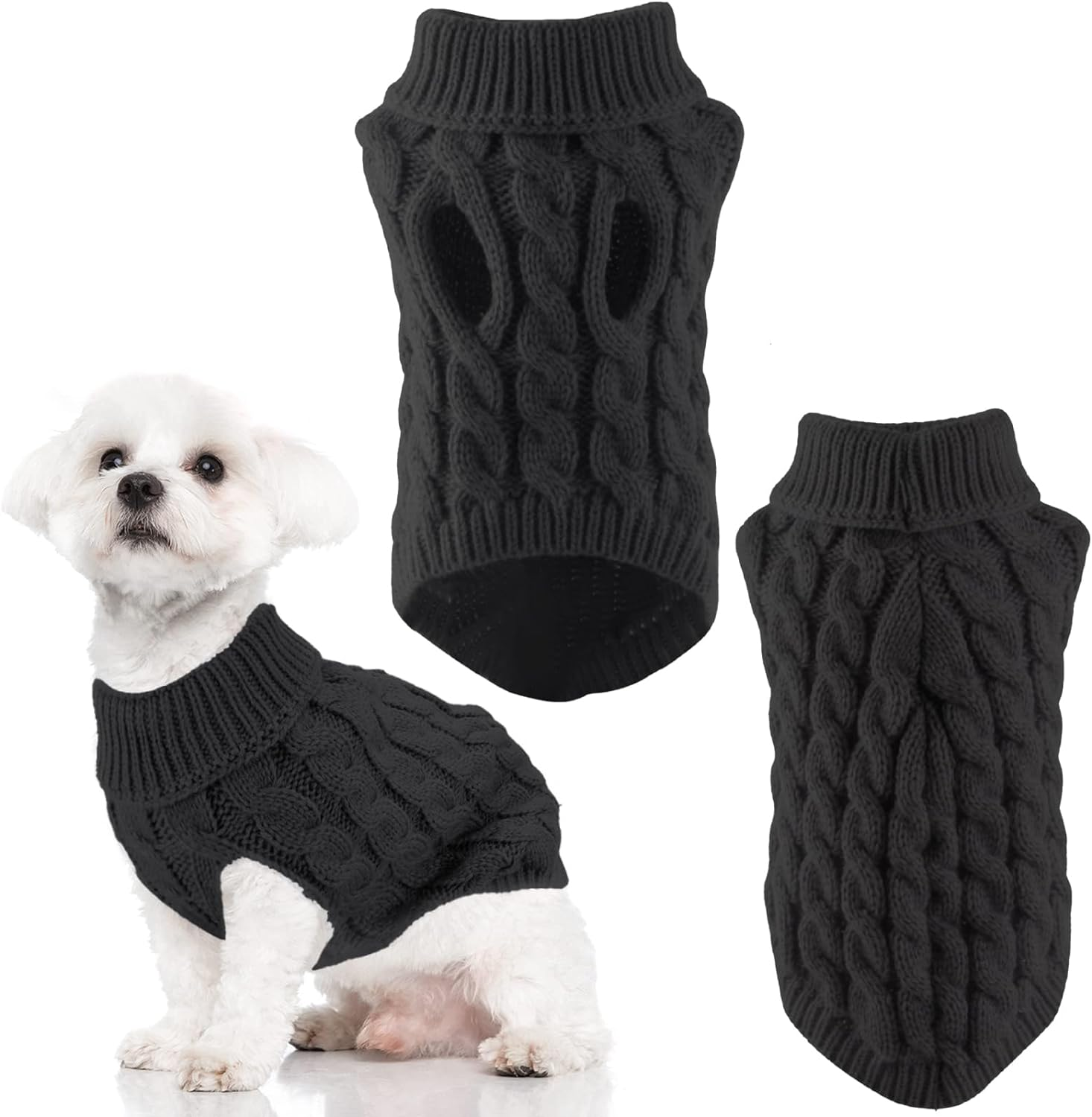Dog Sweaters for Medium Small Dogs, Cat Sweater Dog Clothing Dog Jumper Puppy Turtleneck Knitted Dog Outfit Pet Twist Striped Vest Cute Warm Winter Clothes for Chihuahua, Dachshund (Black, Large) image number 2