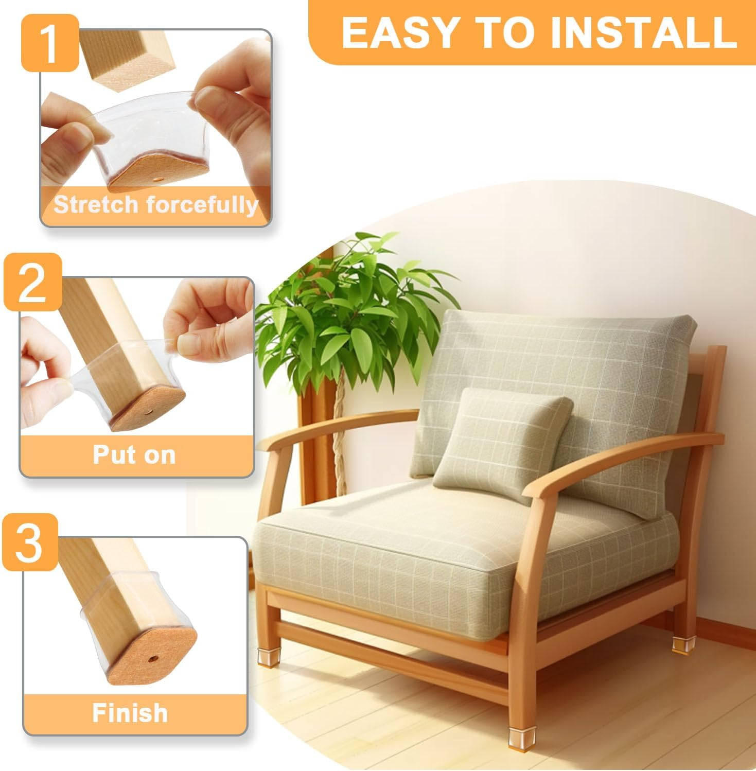 RUSIDO Pack of 35 Square Chair Leg Caps (For Side Length: 26-40 Mm), Clear Chair Leg Protectors, Chair Gliders, Silicone Protective Caps for Chair Legs, Felt Glides for Wooden Floors, Floor From image number 4