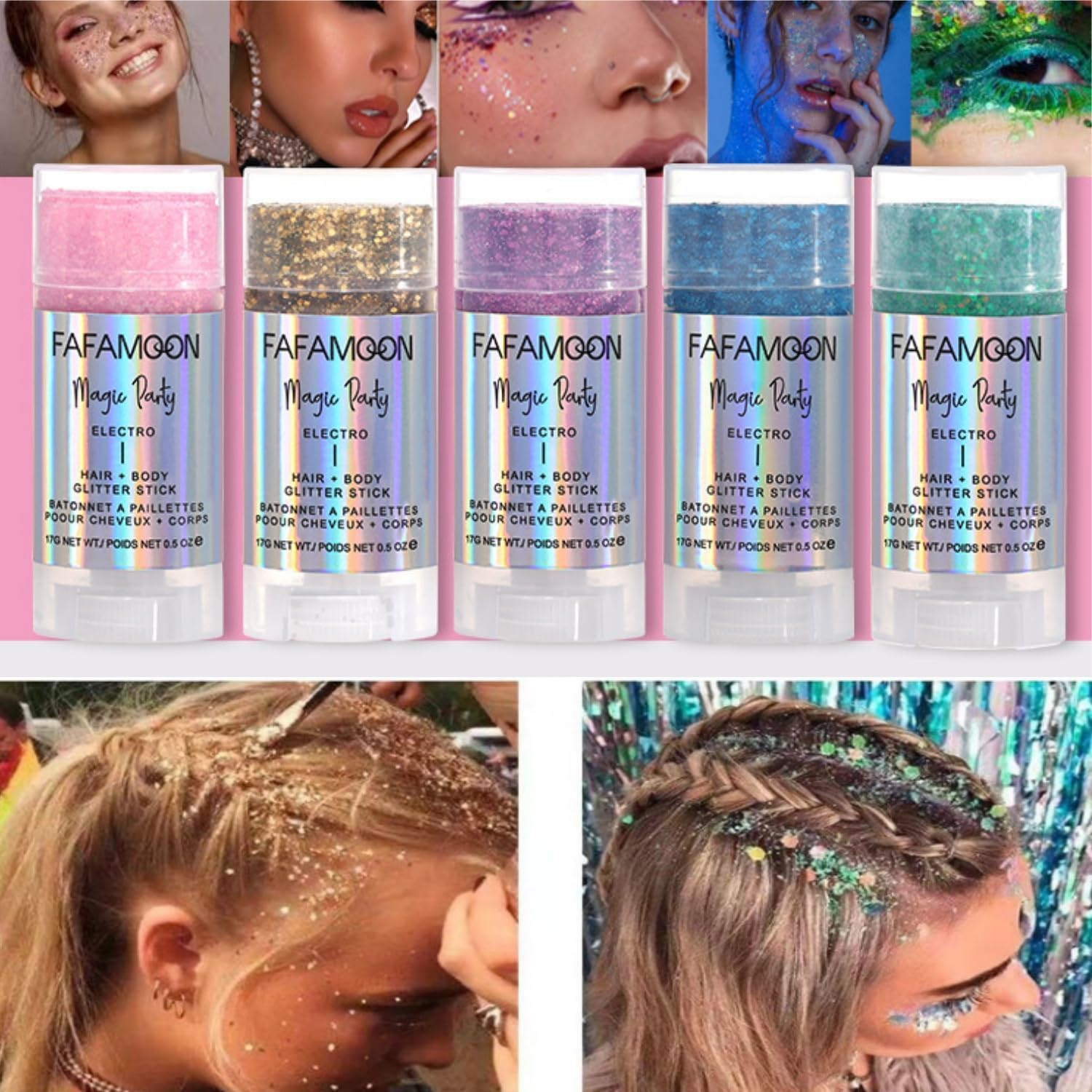 6 Color Chunky Glitter Gel Stick Face & Body Shimmer for Festivals, Makeup & Nail Art | Iridescent Flakes for Eyes, Lips, Hair image number 3