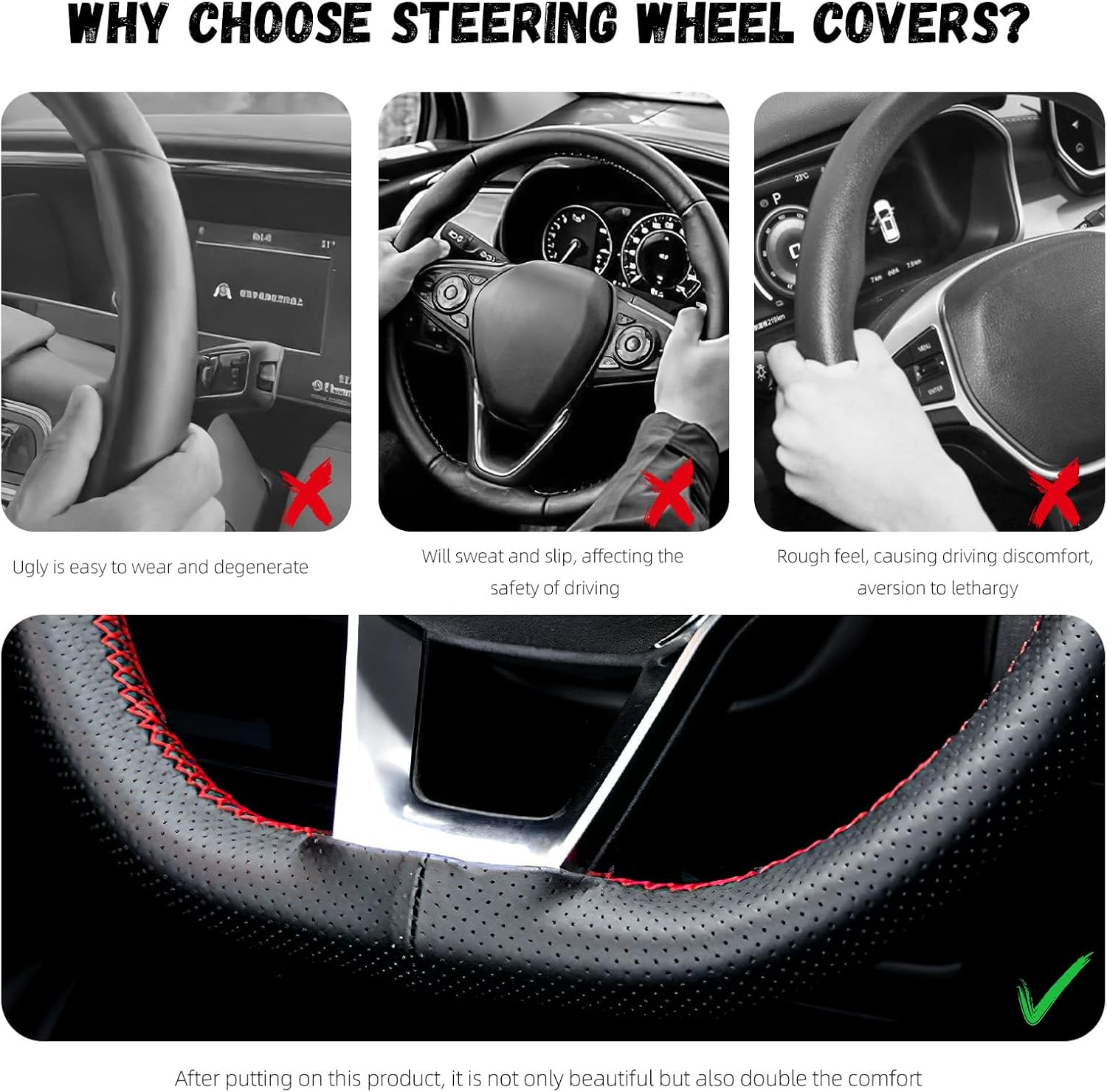 Micro Fiber Leather Steering Wheel Cover, DIY Sewing with Needle & Thread, Breathable Anti-Slip Car Steering Wheel Protector, Universal 15 Inch Auto Steering Wheel Stitch on Wrap (Coffee, Full Hole) image number 4
