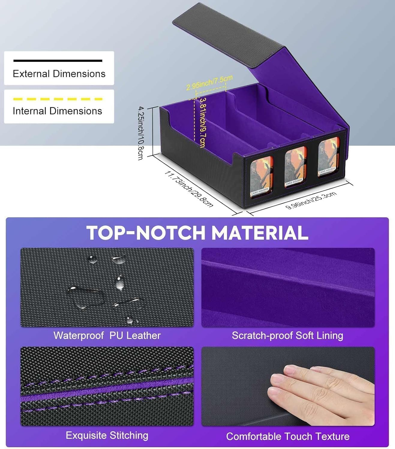 Purple Rectangular Mtg Trading Card Storage Box, Fits OCG PTG Magic Game Cards, Sports Cards, 10 Compartments, Waterproof, Magnetic Closure - Gray image number 6