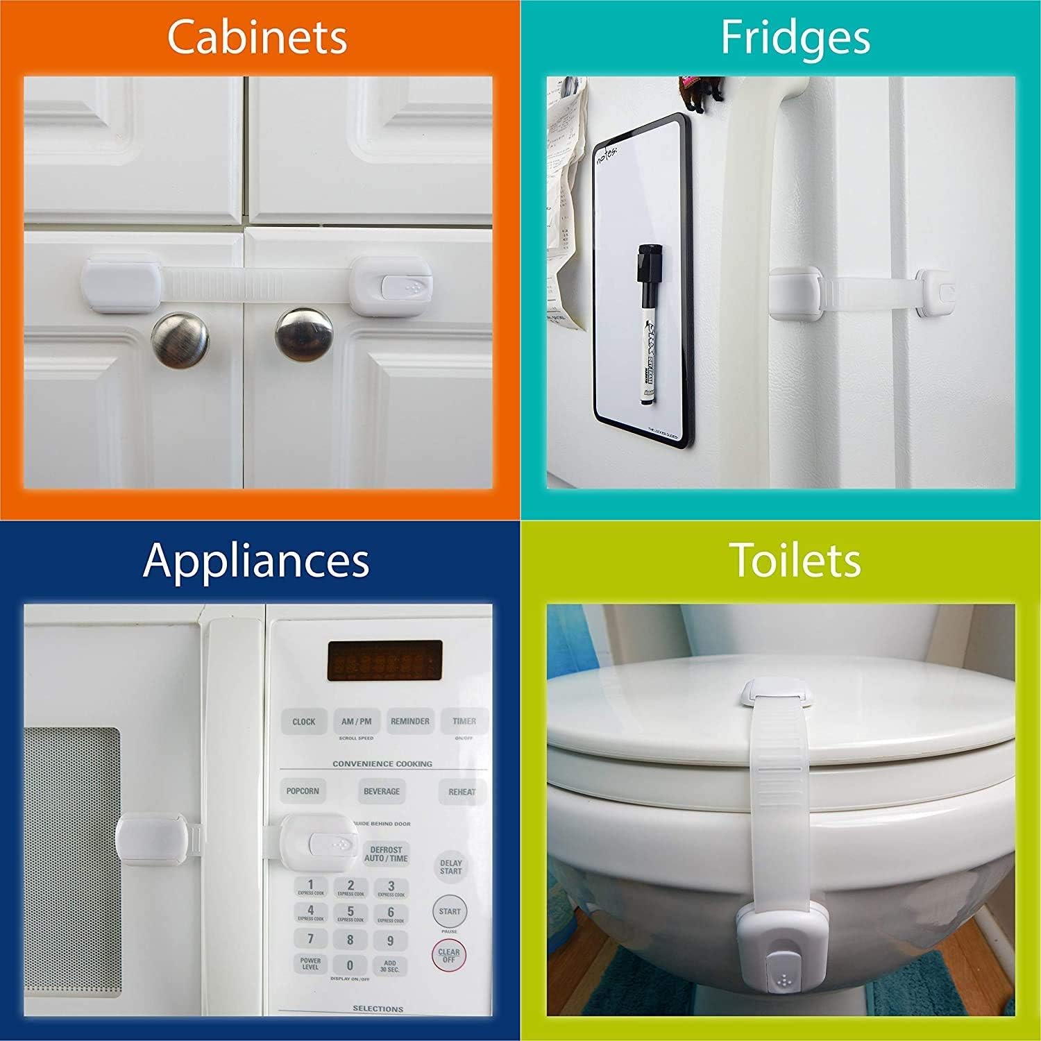 ONE Click Baby Proof Adjustable Child Safety Locks (8-Pack) I Multi-Purpose Use for Cabinets, Cupboards, Toilets, Fridge, Oven, Bins | Strong 3M Adhesive.