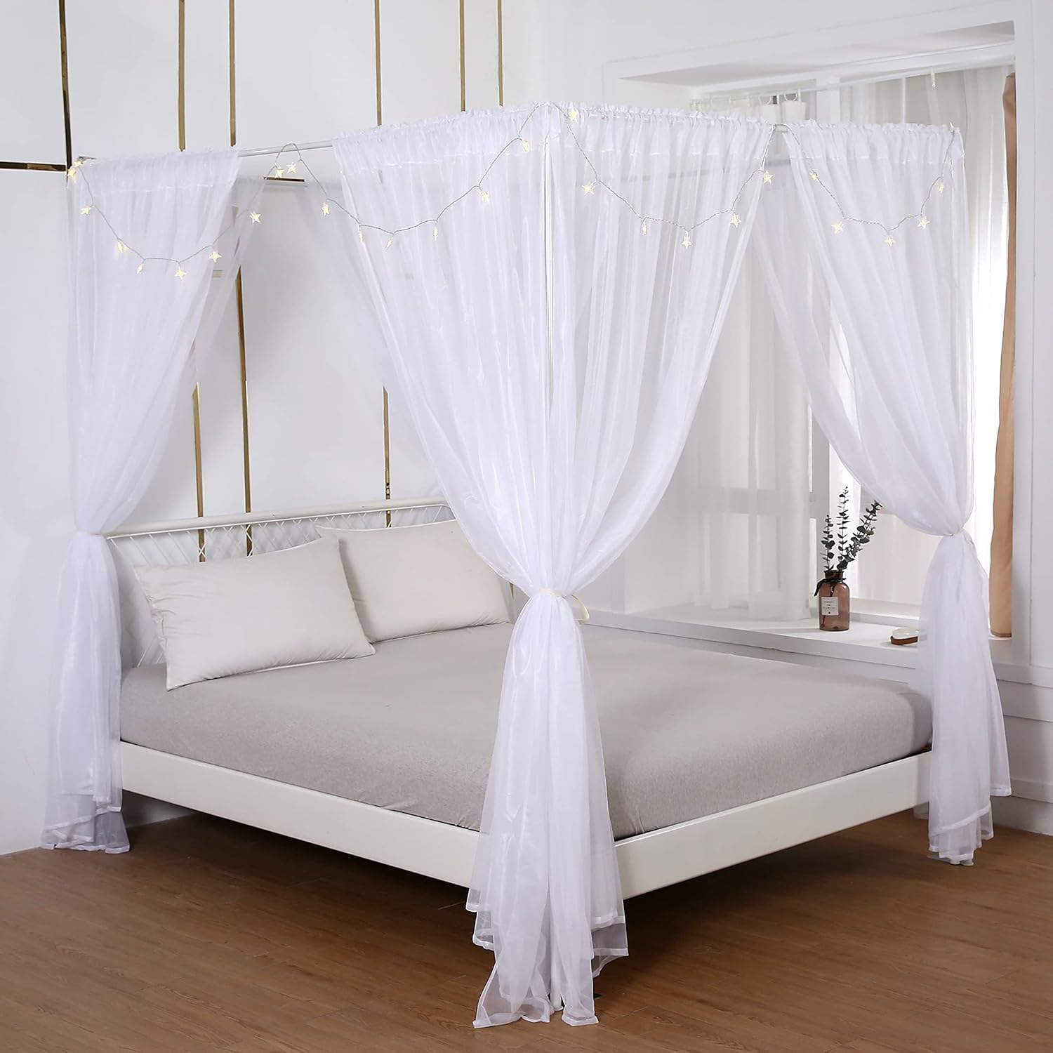 Akiky Princess Canopy Bed Curtains Set Sheer Curtain for Twin Full Queen Size Bed Drapes,8 Panels Canopies with Light,Room D&eacute;cor(Twin, White)