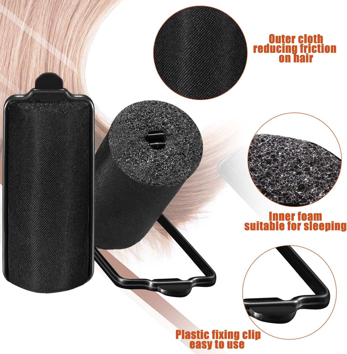 40 Pieces Sponge Hair Rollers Satin Rollers Silk Foam Rollers Women Hair Curlers with Duck Teeth Clips for Hairdressing Styling(Multi-Size,Black) - Black image number 3