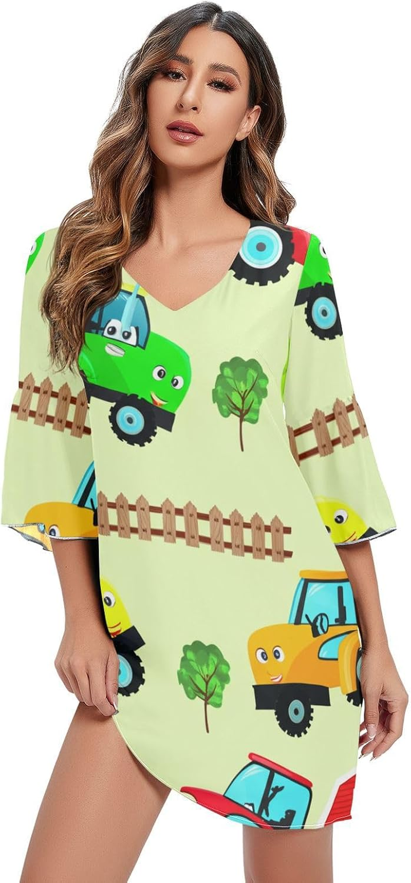 Cheerful Car Soft Spring Green Short Summer Dress Printed Line Maternity Dress S-XXL image number 3