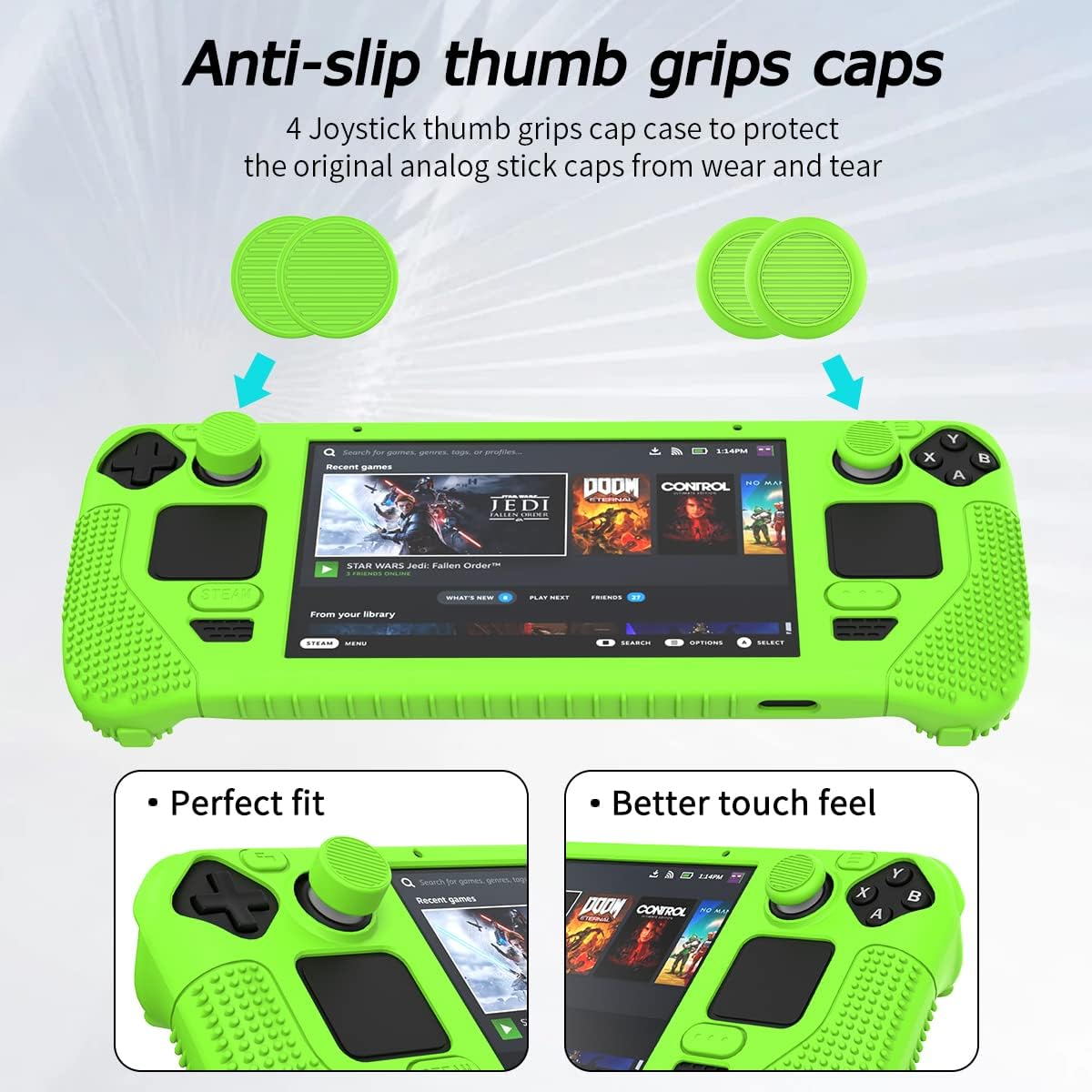 SUIHUOJI Steam Deck/Steam Deck OLED Standing Protective Case, Thickening Silicone Accessories Protector, Soft Cover Skin Shell with 2 Pairs Thumb Grips, Full Protection for Valve Stream Deck (Green) image number 2