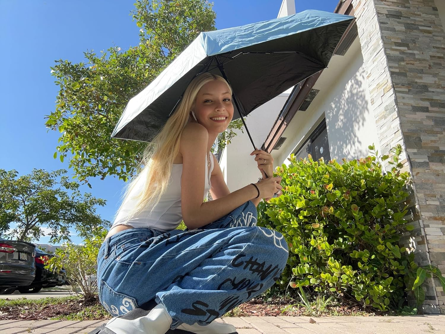 Mini Sun Travel Umbrella Ring Handle Coating Layer Fabric Compact Folding Purse Umbrella/Lightweight Small Portable Backpack/Rain Sun/Blocking/Anti UPF 50 UV Protection 99.9% Men Women Kids - Light Green image number 7