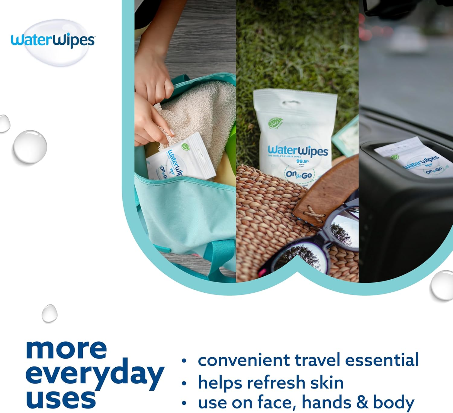 Waterwipes on the Go Wipes, 99.9% Water-Based Wipes for Travel, Sports, and to Refresh Skin, Unscented & Hypoallergenic, 224 Count (8 Packs) image number 6