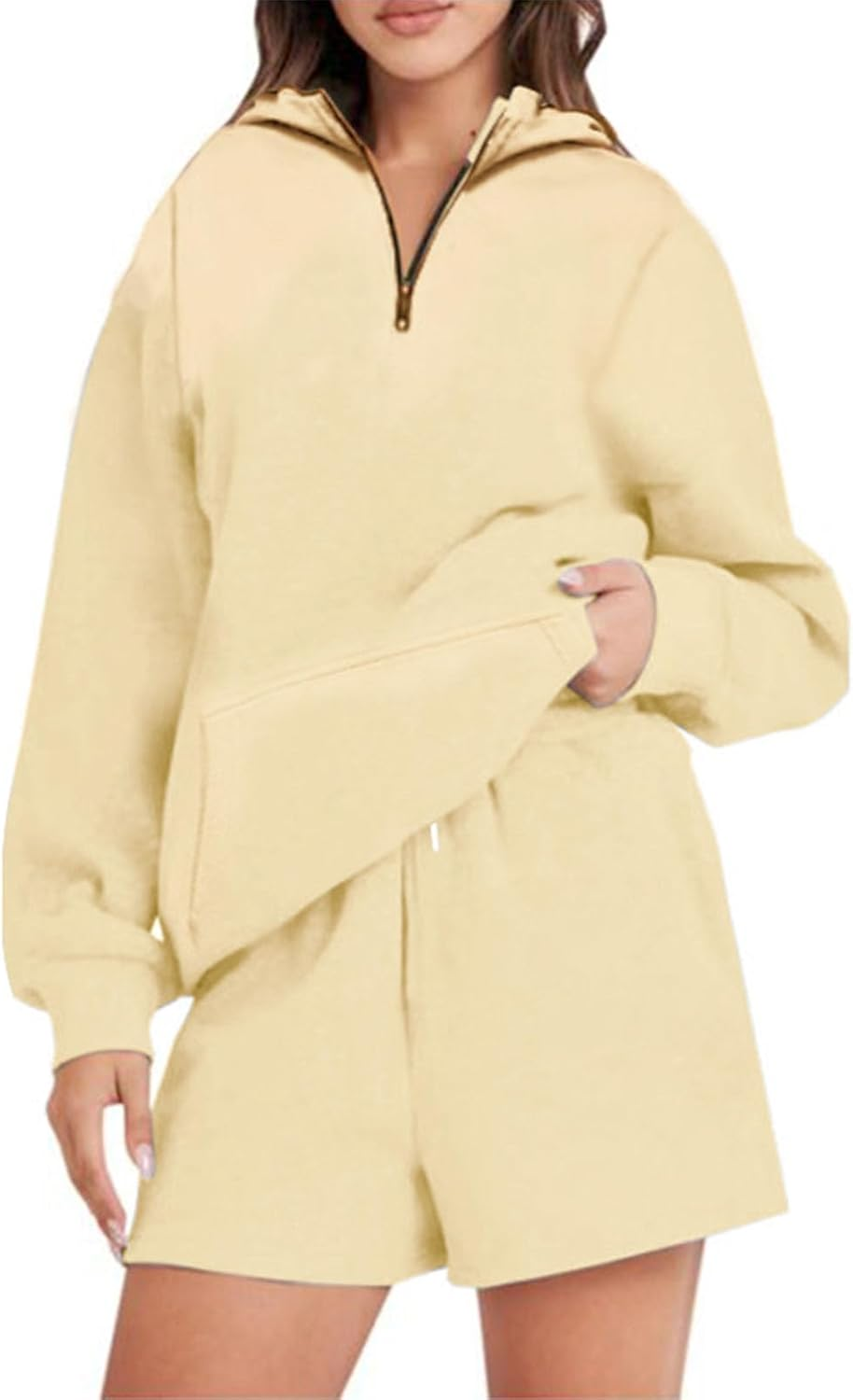 Women'S Hoodie, 2 Piece Outfits Hoodie Short Set, Fall Oversized Half Zip Hoodie Wide Leg Sweatshirt Shorts Set Tracksuit Sweatsuits, Casual Comfortable for Daily Work, Y2K Clothes